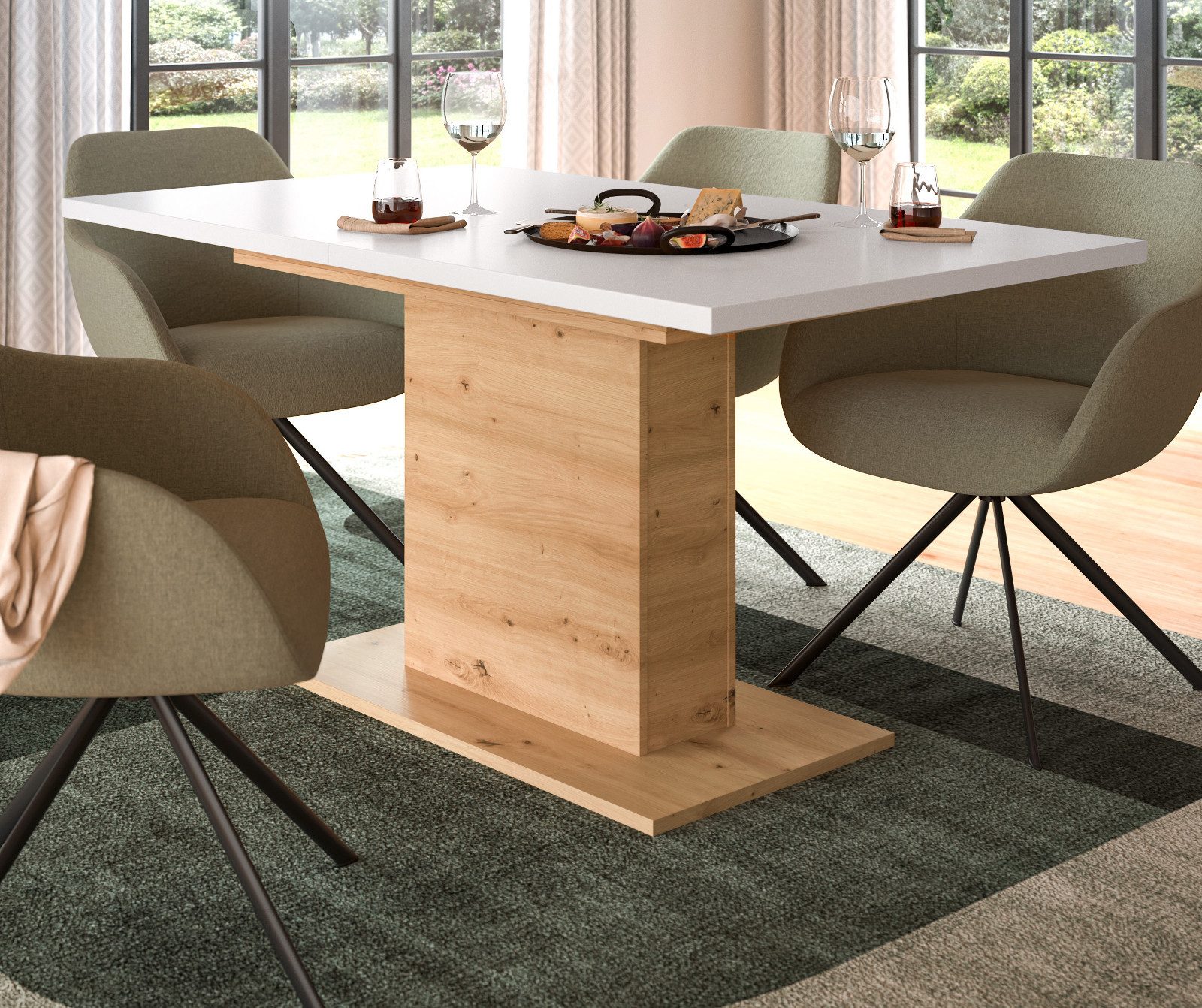 Inn.Furn Säulen-Esstisch Home-X (Esszimmertisch in Eiche Artisan und weiß, ausziehbar 150 - 190 cm), melaminbeschichtet, für bis zu 8 Personen