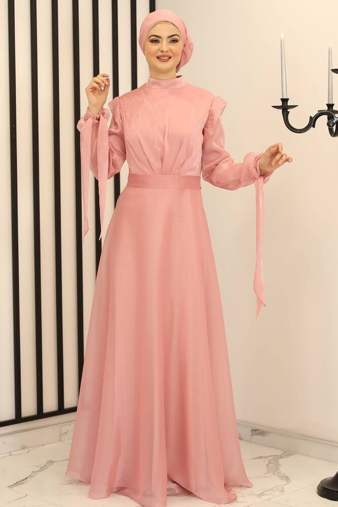 Modavitrini Abendkleid Damen Abendkleid Hijab Kleid glänzend Abiye Abaya Modest Fashion Blickdicht Rosa