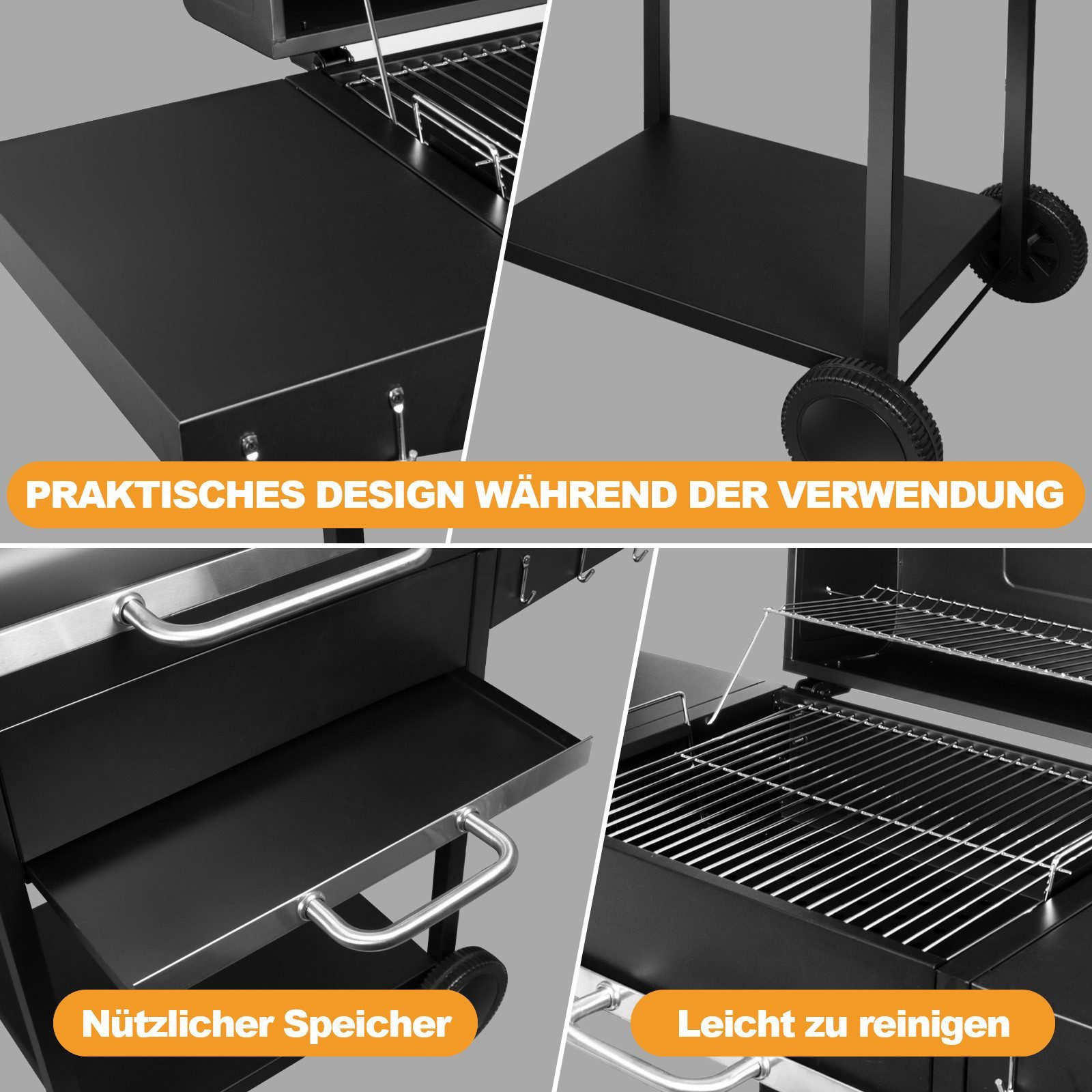 SunJas Holzkohlegrill CA-6146 Grillwagen mit Deckel,Thermometer und Faltbarer Seitentisch, grill holzkohle, Grillfläche:50 x 42 cm für 8-12 Personen, XXL Holzkohlegrill für Garten Camping Picknick