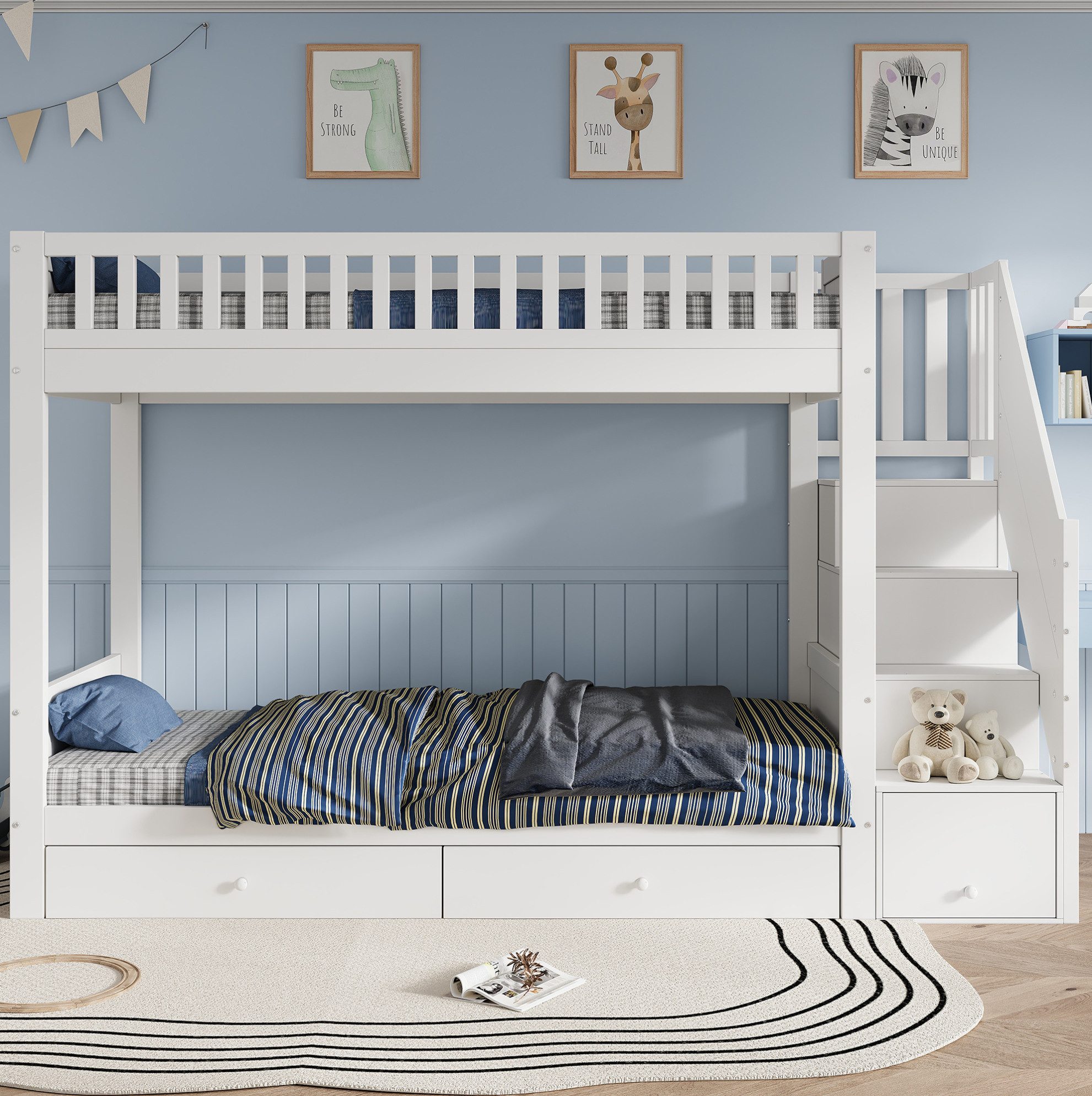MODFU Etagenbett Kinderbett mit Stauraumlösung, praktischer Treppe (Holzbett 90x200 cm, 2 Schubladen-Bettkästen und Schutzgeländer, Funktionsbett Stauraumbett), Inklusive Matratze