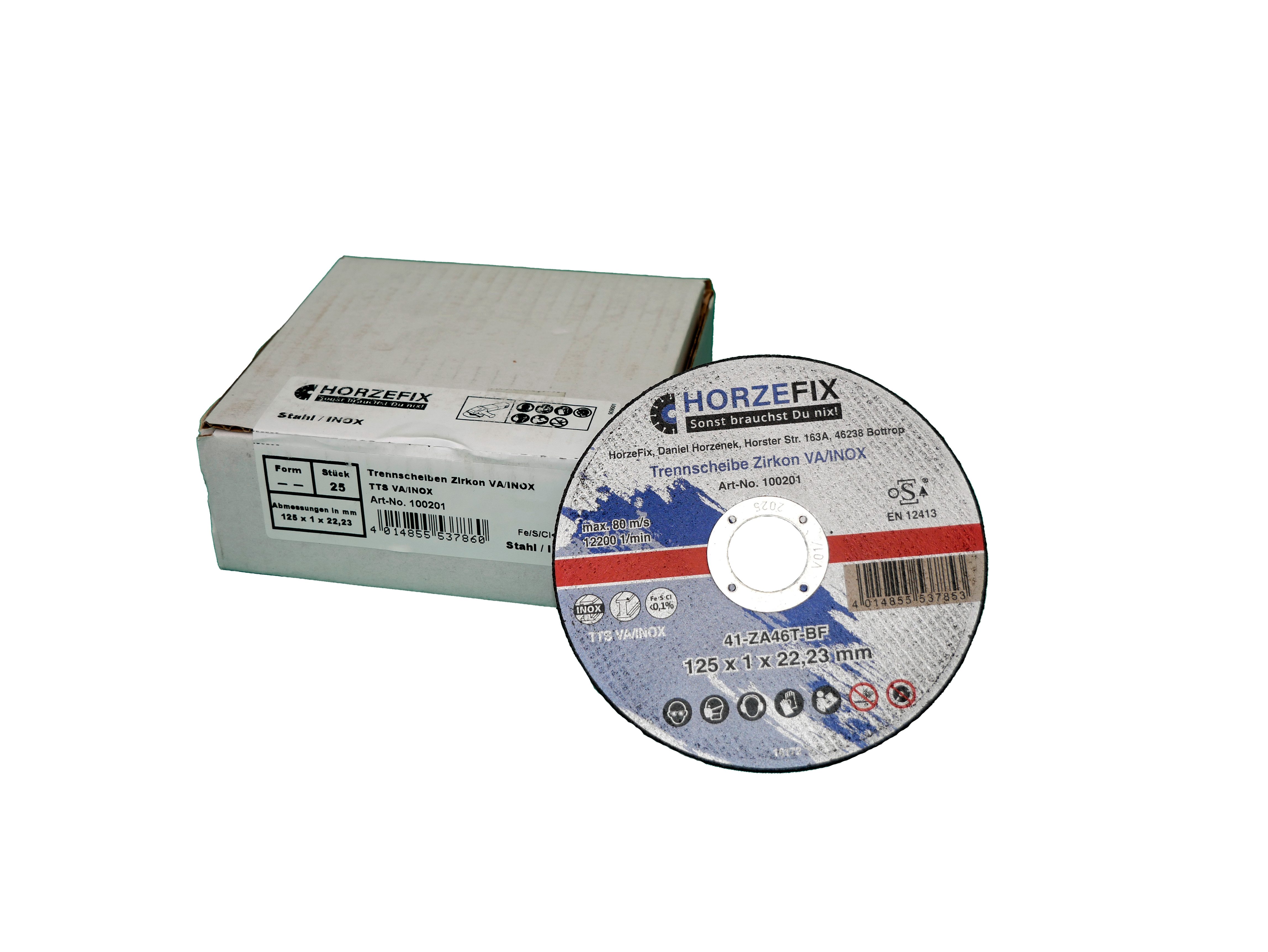HORZEFIX Отрезные диски Trennscheibe 125 Metall 1mm dünn Flex VA/INOX 125 x 1,0 mm x 22,23 mm, Ø 125 mm, (Packung, 25-tlg., VPE = 25 Stück), Zirkonkorund/Inox