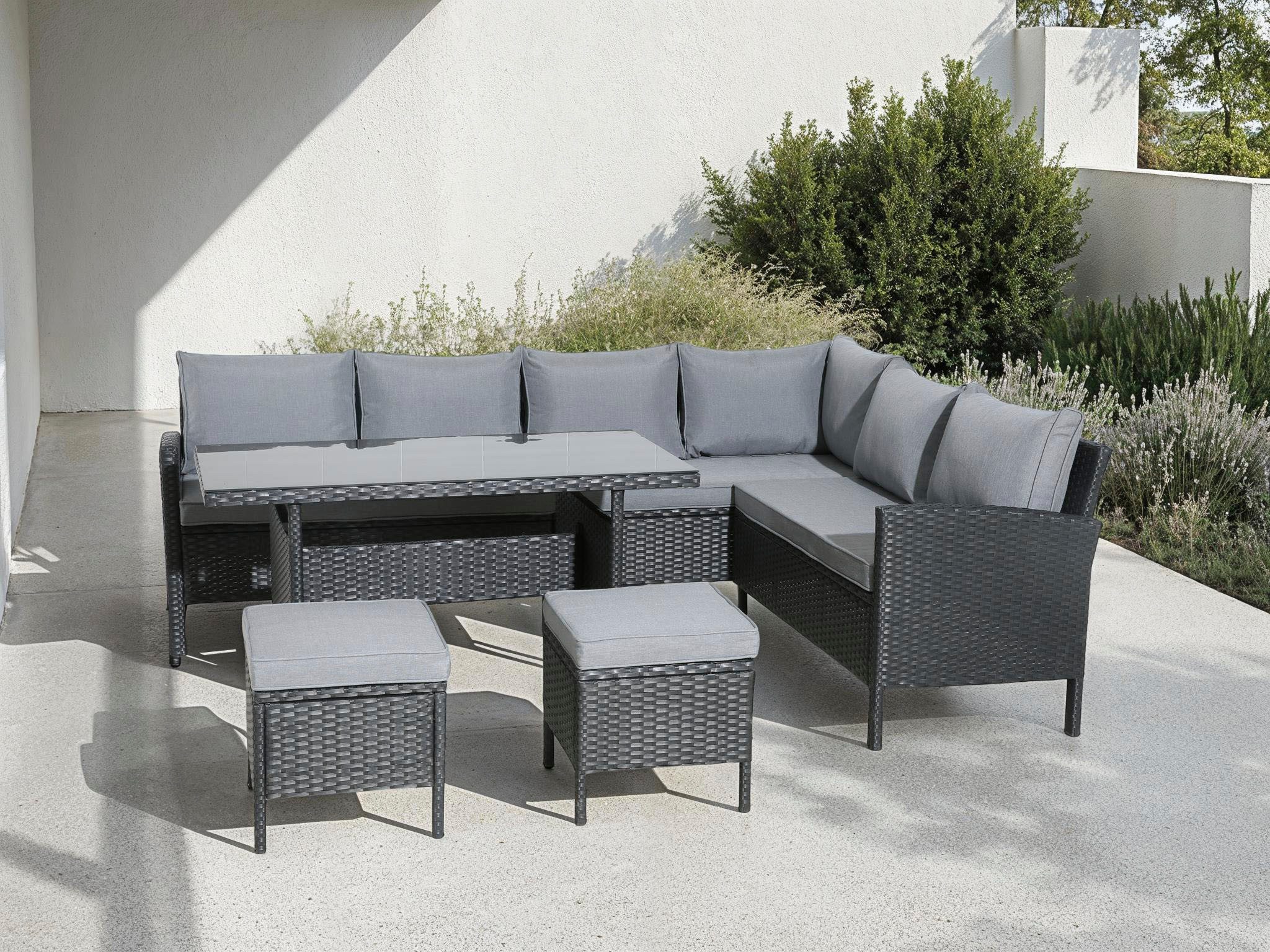 KONIFERA Gartenlounge-Set Manhatten, Gartenmöbel Set, (Set, 18-tlg., Ecklounge, Tisch 66x120x74 cm, 2 Hocker, inkl. Auflagen), Stahl/Polyrattan