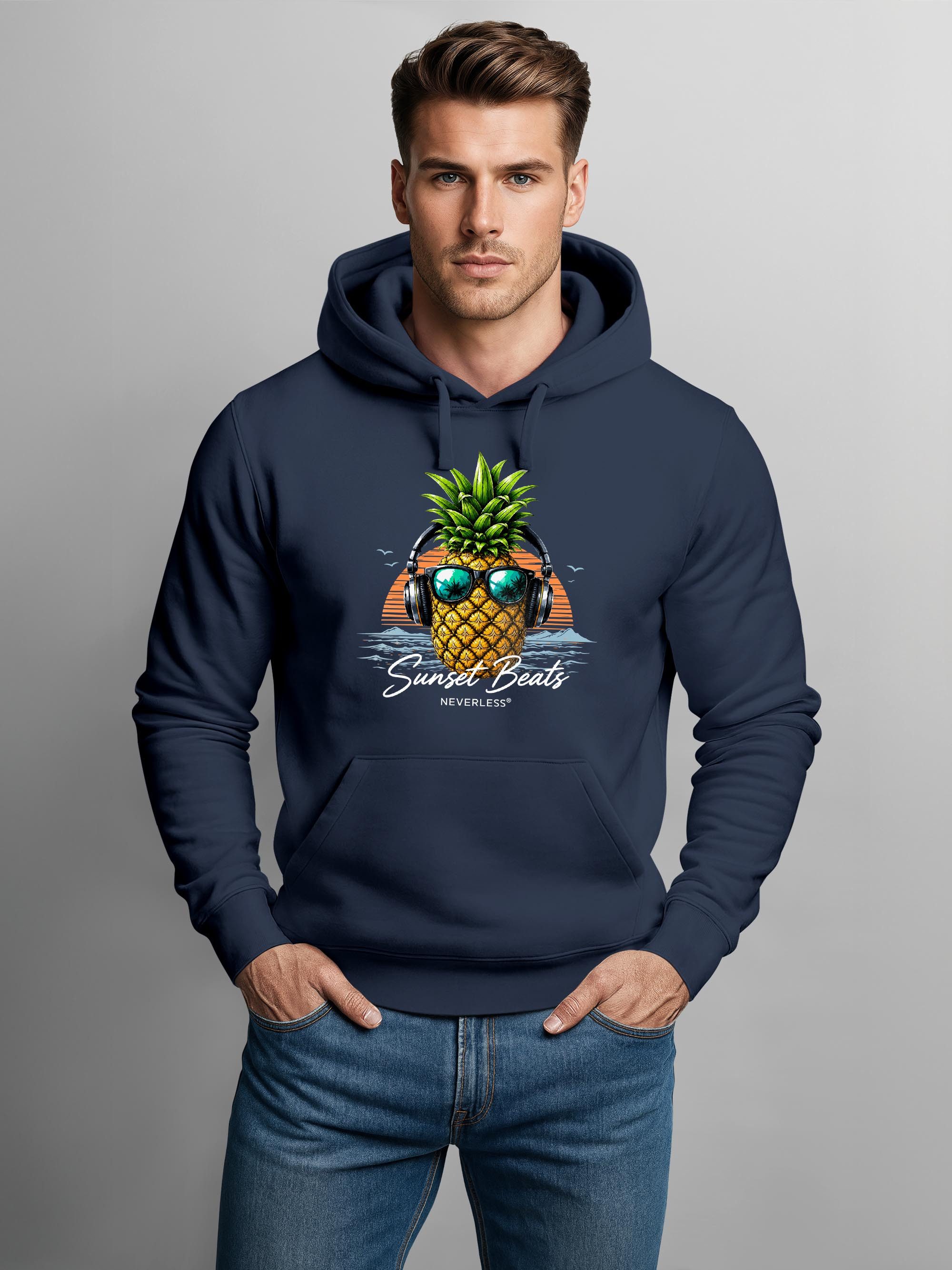 Neverless Hoodie Hoodie Herren Print - Ananas Design Sunset Beats - Aufdruck – Bild 2 von 5