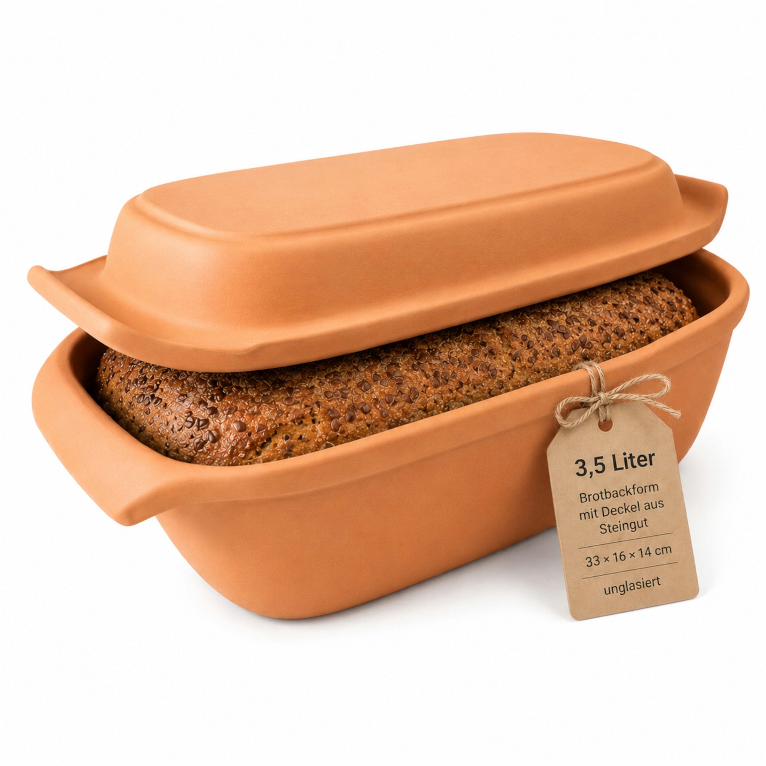 KERAZO Brotbackform 3,5L Keramik Bräter mit Deckel Brottopf Auflaufform 33x16x14cm, natur, Bräter ohne Glasur, für knuspriges Brot und saftige Ofengerichte
