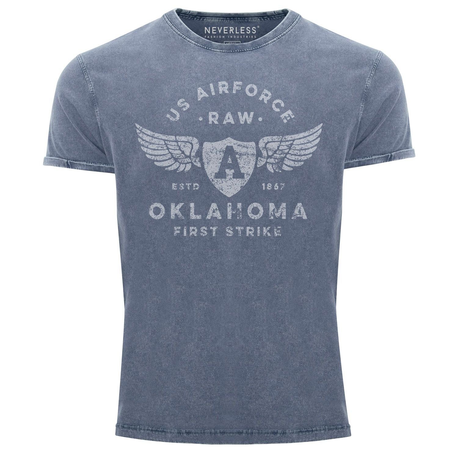 Look Slim Used Print Airforce US Vintage Print-Shirt blau Aviator Oklahoma mit Neverless® Shirt Herren Fit Neverless Print