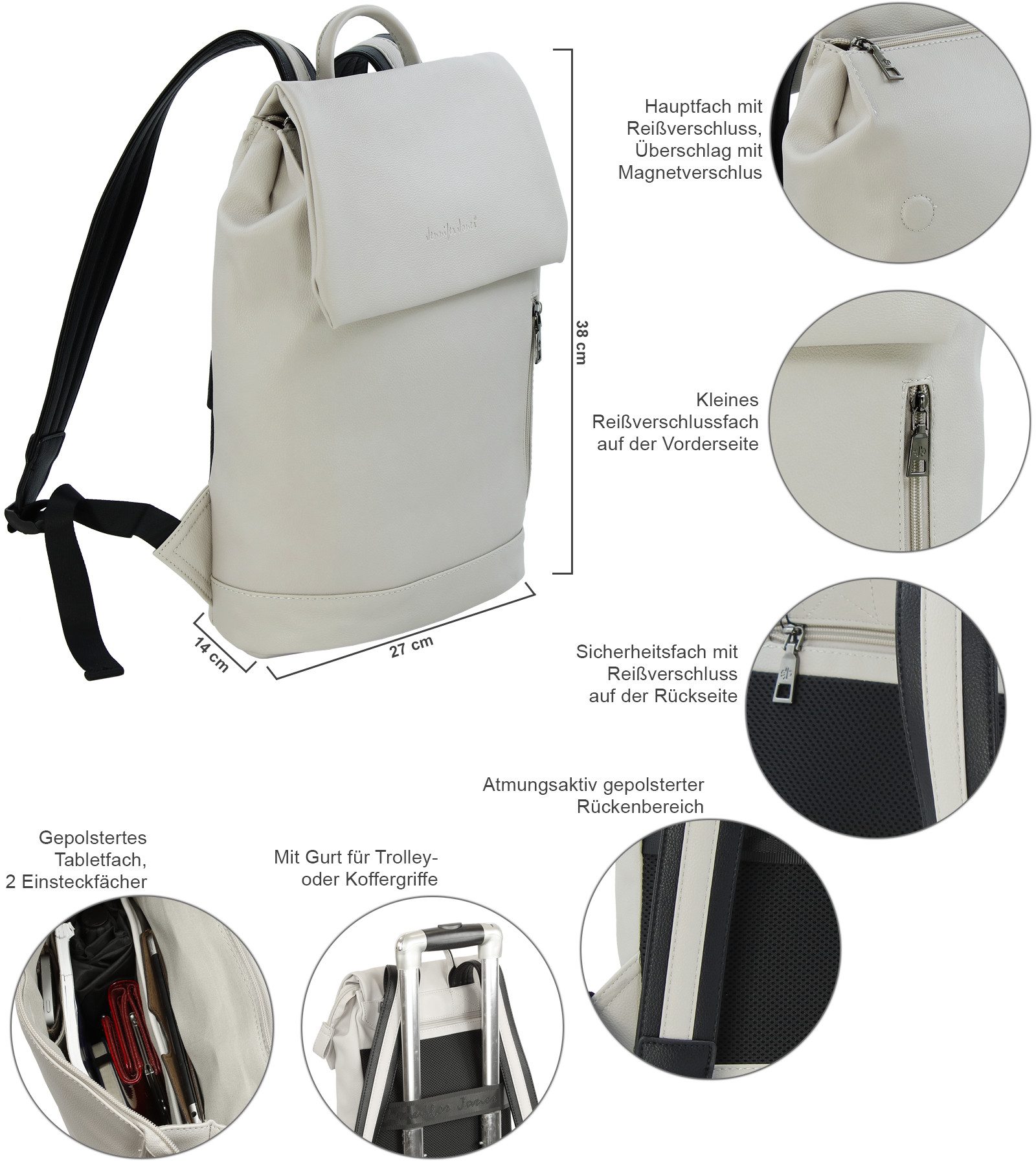 J JONES JENNIFER JONES Cityrucksack Damen Daypack mit Tabletfach gepolstert Anti Diebstahlfach Vol. 14 L, mit Tabletfach
