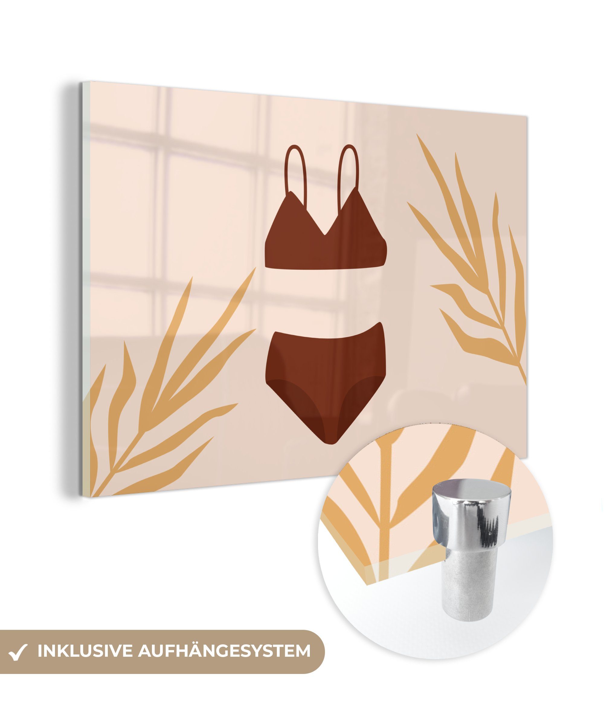 MuchoWow Acrylglasbild Sommer - Bikini - Blätter, (1 St), Acrylglasbilder Wohnzimmer & Schlafzimmer