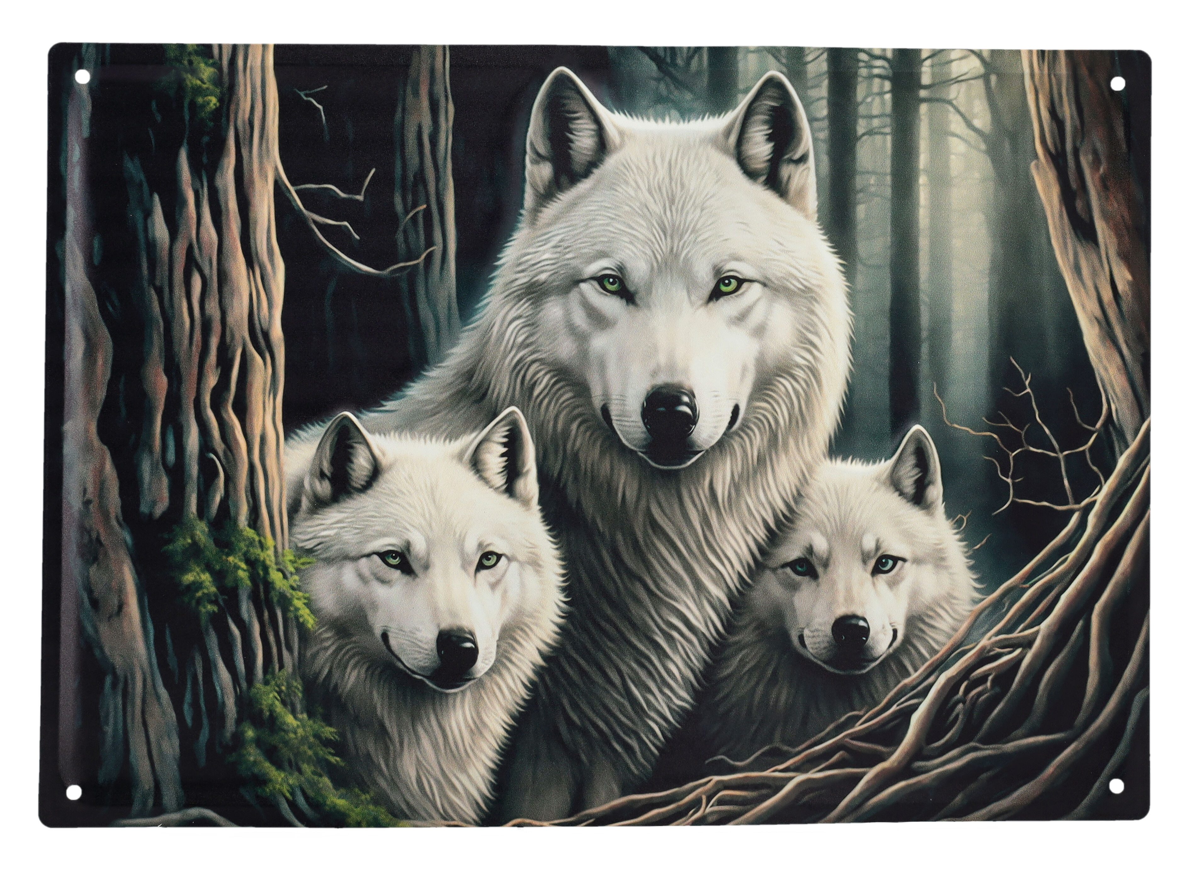 Figuren Shop GmbH Metallschild Blechschild - Wolf Watcher groß - Metallschild Tiermotiv Dekoschild