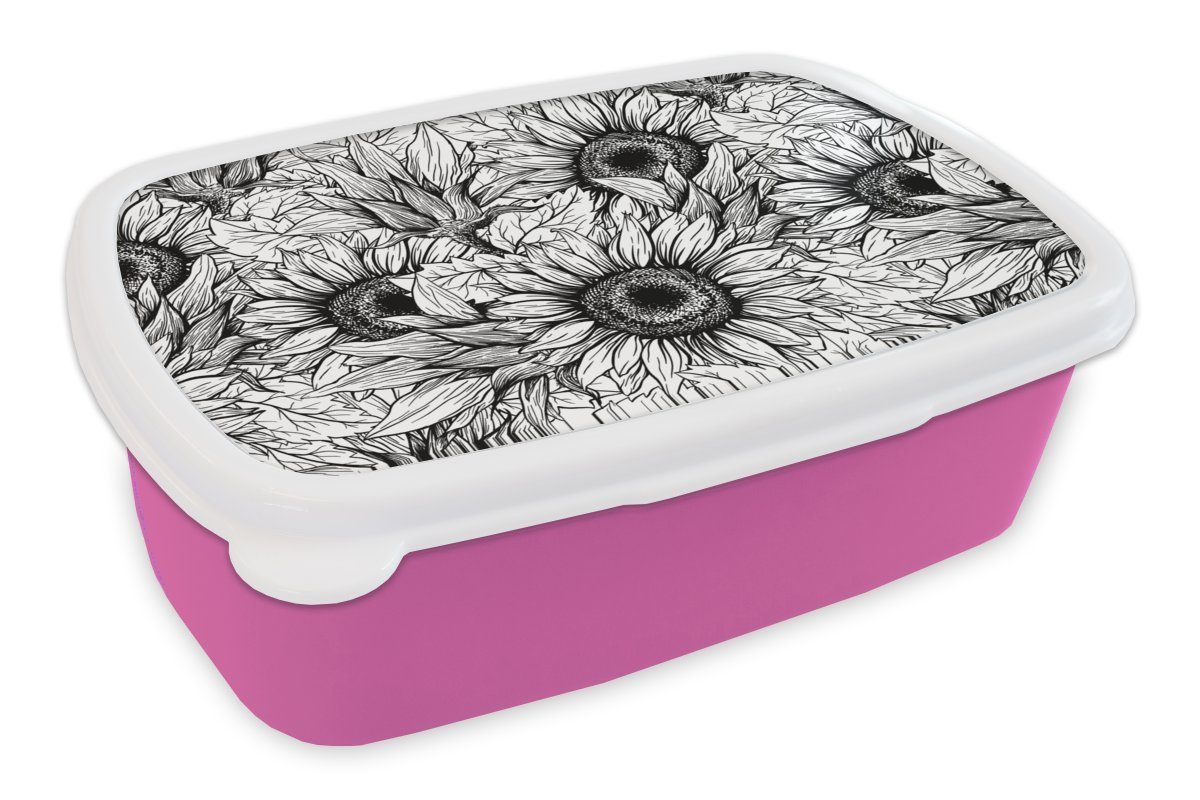 MuchoWow Lunchbox Blumen - Sonnenblume - Muster, Kunststoff, (2-tlg), Brotbox für Erwachsene, Brotdose Kinder, Snackbox, Mädchen, Kunststoff rosa