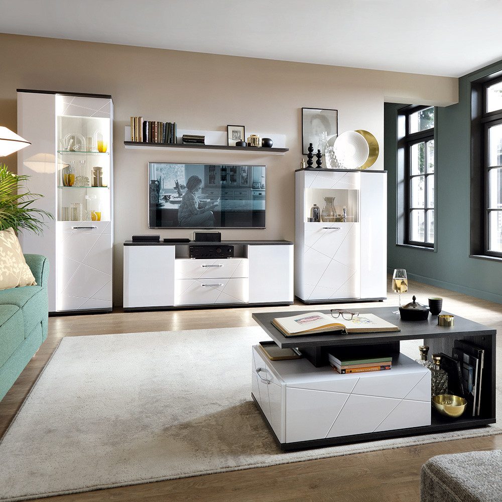 Lomadox Wohnzimmer-Set VISALIA-129, (Mega-Spar-Set, 5-St., 5-tlg), inkl. Beleuchtung, in weiß Hochglanz mit Eiche schwarz