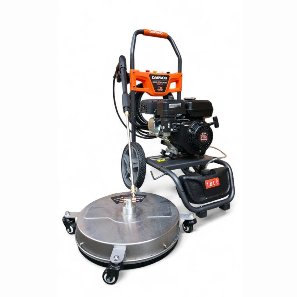DeTec. Hochdruckreiniger DAEWOO 7PS Benzin 207 bar mit Flächenreiniger Kombiset, Druck max: 207 bar, Fördermenge max: 600 l/h, Gewerbe- Industriereiniger mit Messing Pumpenkopf