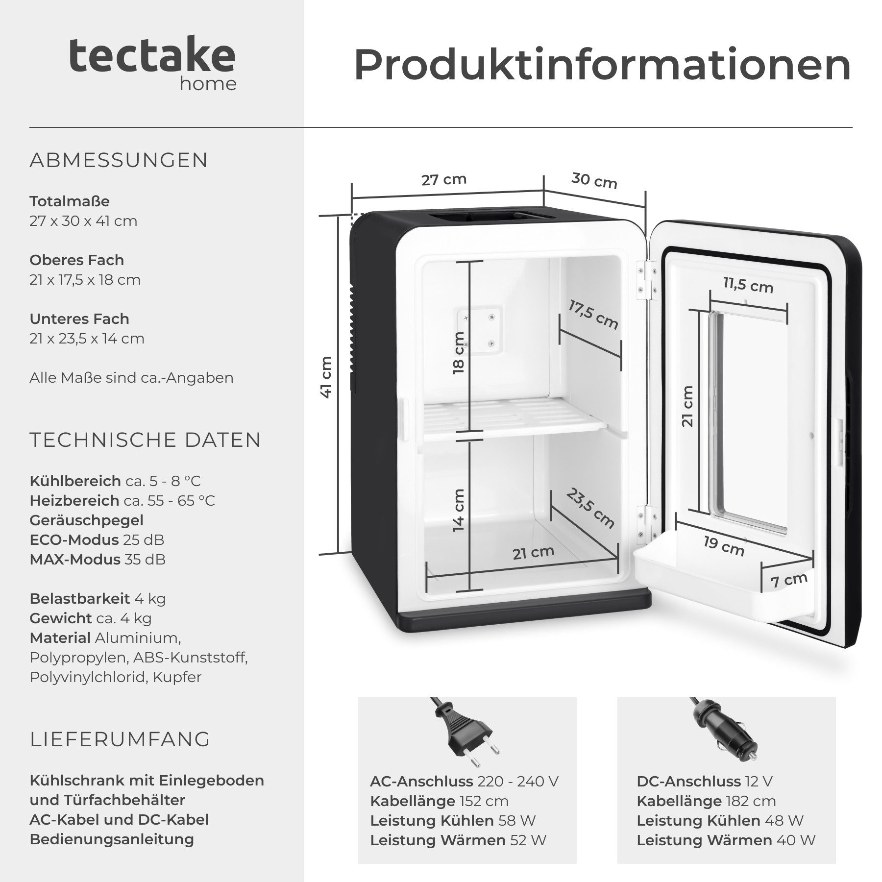tectake Kühlschrank Kühlschrank, 41,00 cm hoch, 27,00 cm breit, 2 in 1 Kühl- und Heizfunktion