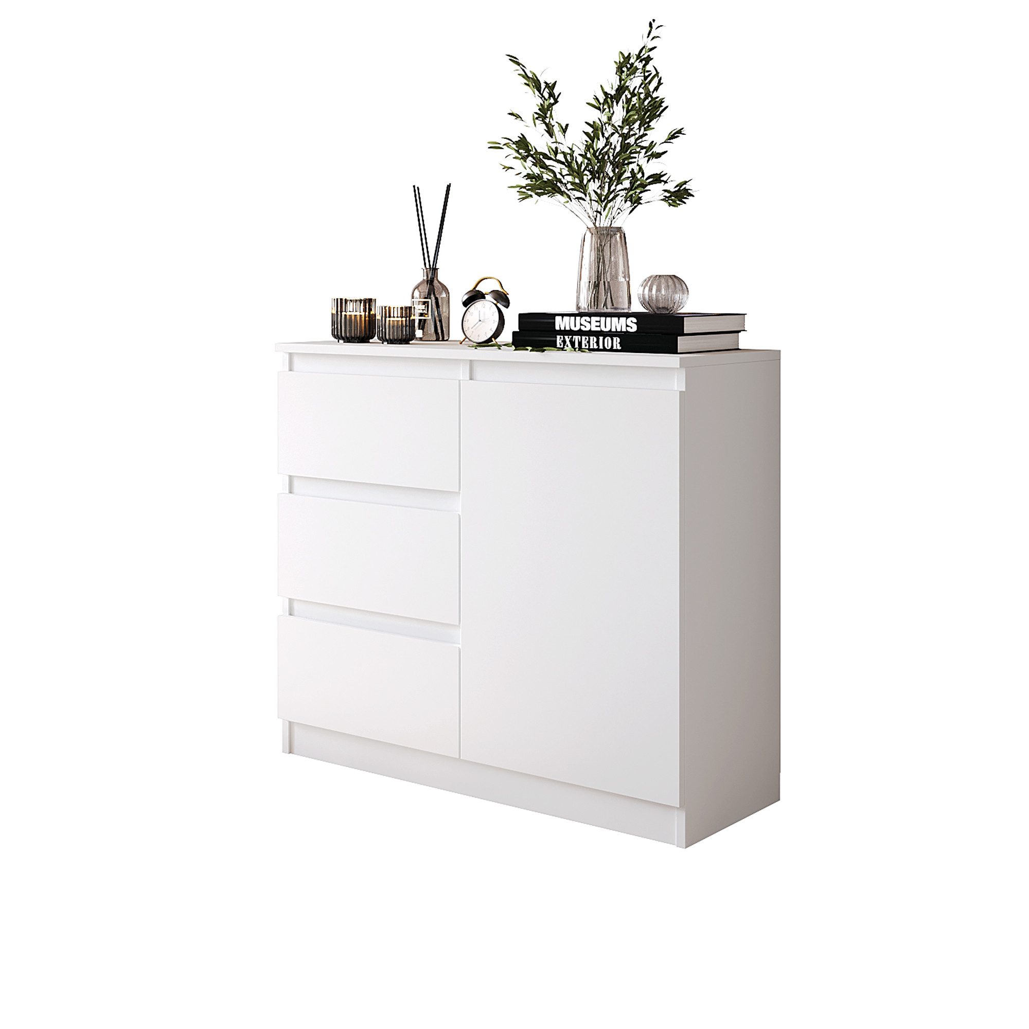Furnica Kommode Weiß Matt 80 cm mit 3 Schubladen und 1 Tür- Wohn - und Schlafzimmer