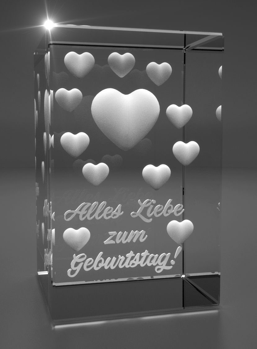 VIP-LASER Dekofigur 3D Glasquader viele Herzen I Alles Liebe zum Geburtstag!, Hochwertige Geschenkbox, Made in Germany, Familienbetrieb