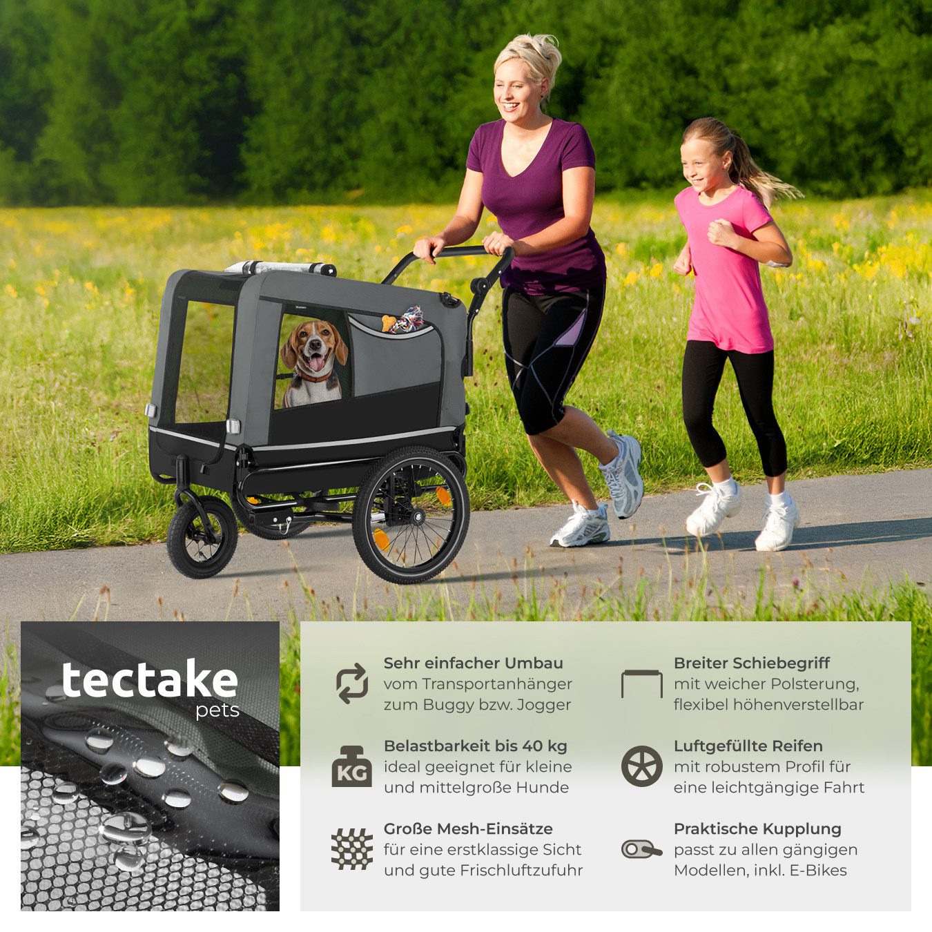 tectake Fahrradhundeanhänger Hundewagen 3in1 multifunktional mit Reflektoren, Leine und Warnfahne, mit Regenschutz, faltbar, gefedert, Belastbarkeit 40 kg, 240 Liter