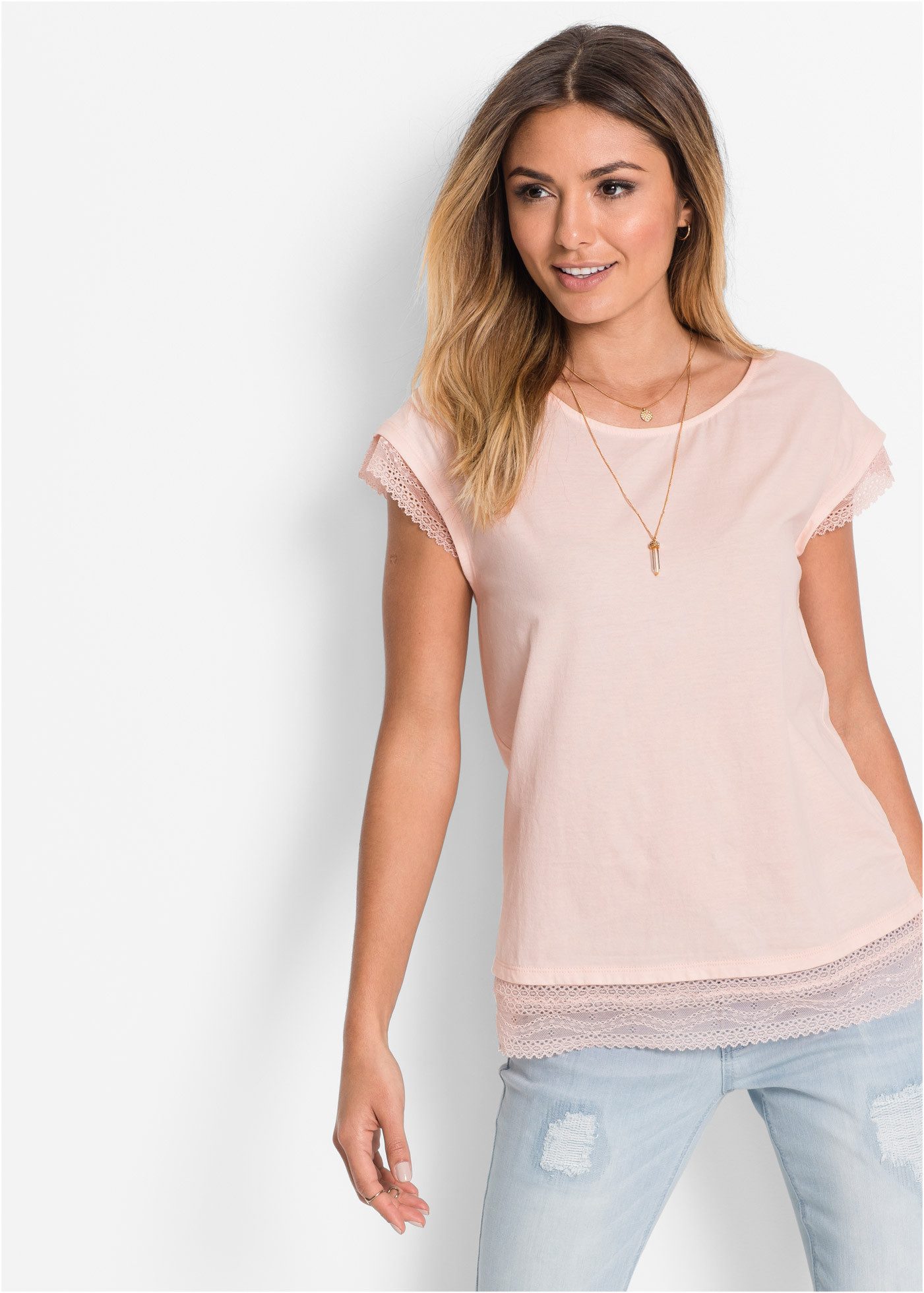 bonprix T-Shirt bequeme Passform, überschnittene Schultern, mit Spitzendetails