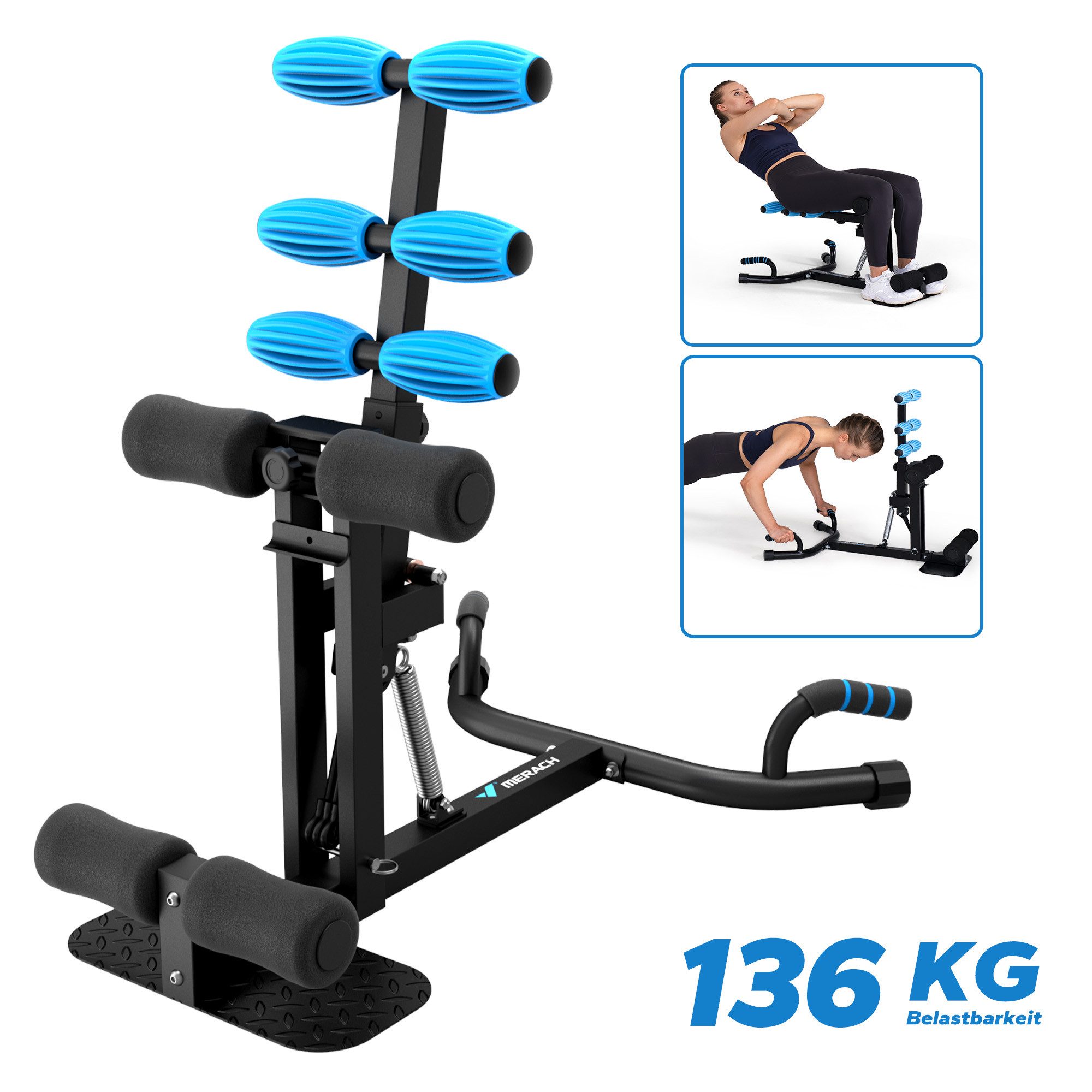 MERACH Bauchtrainer Sissy Squat Kniebeugentrainer, Beintrainer verstellbar bis 136 kg (Multitrainer, 2-Stufe Höhenverstellung, 3-Stufe Längenverstellung, weicher Schaumstoff, 4 Bänder hinzugefügt, 102 KG Grundwiderstand), Bauch-Gesäß-Trainer, Heimfitness, Ganzkörpertraining für zuhause