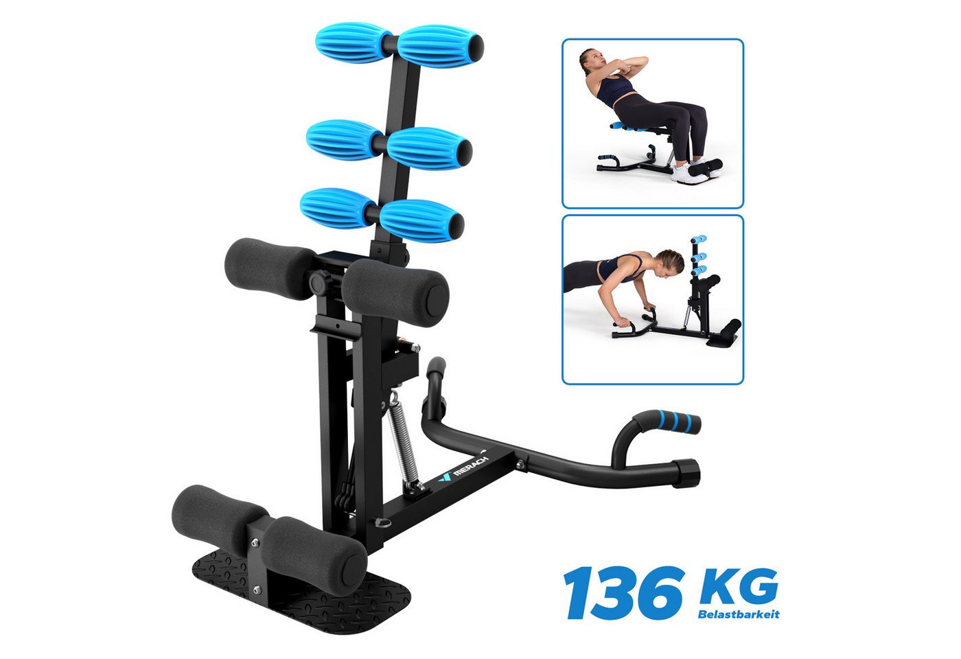 MERACH Bauchtrainer Sissy Squat Kniebeugentrainer, Beintrainer verstellbar bis 136 kg (Multitrainer, 2-Stufe Höhenverstellung, 3-Stufe Längenverstellung, weicher Schaumstoff, 4 Bänder hinzugefügt, 102 KG Grundwiderstand), Bauch-Gesäß-Trainer, Heimfitness, Ganzkörpertraining für zuhause