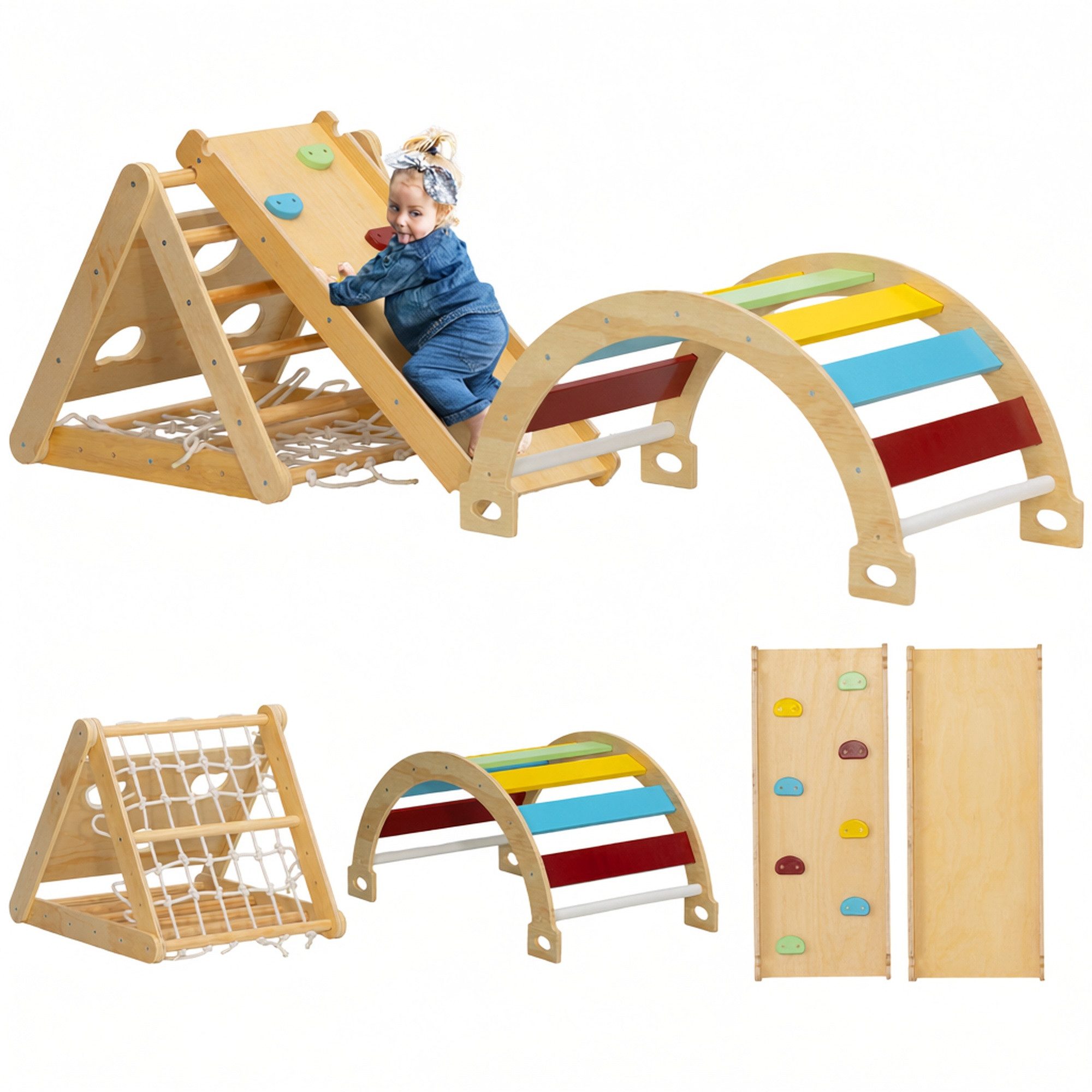AIYAPLAY Klettergerüst Kletterbogen, Rutsche, Rampe, Kletternetz, Kletterstein, (7 in 1 Kletterdreieck, 1-St., Indoor Spielplatz aus Holz), für Kinder von 1,5-4 Jahre, Mehrfarbig