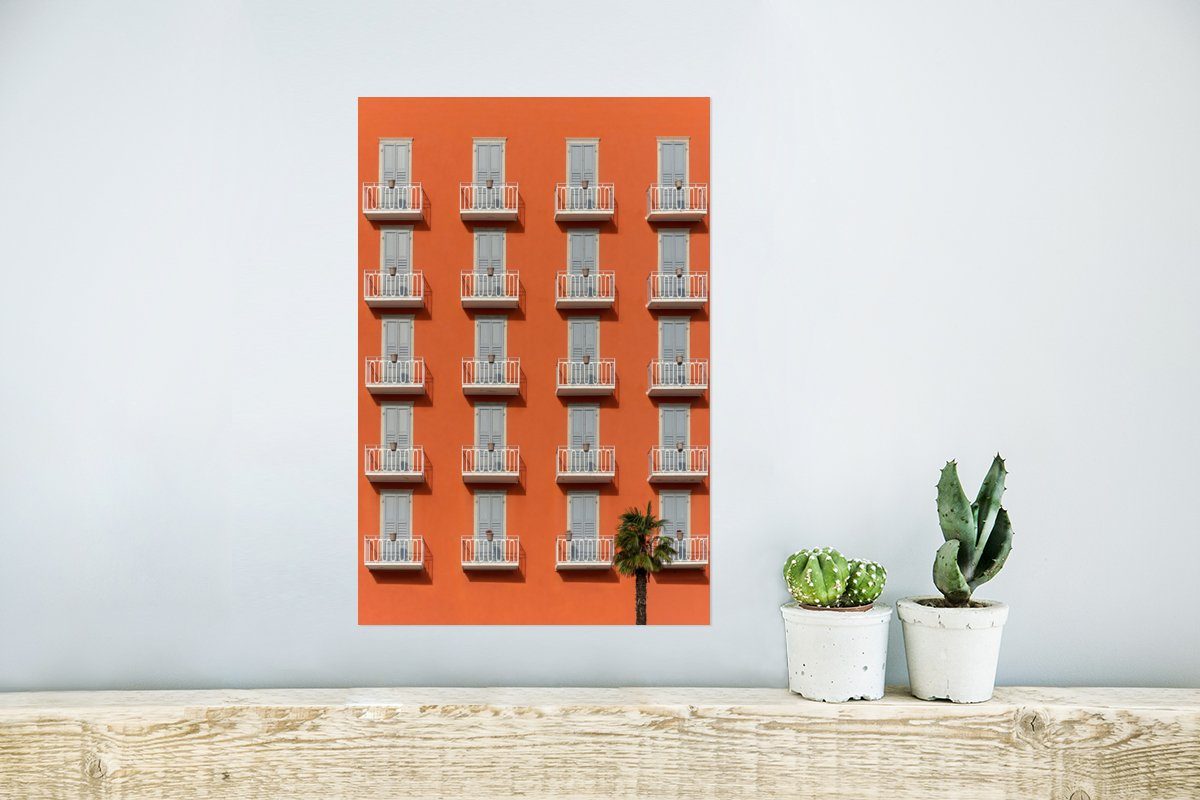 Palme - Poster, - Orange, Wohnzimmer, für - Wandbild, Wandposter Rahmen Balkon Ohne (1 St), Architektur - Tür Poster MuchoWow