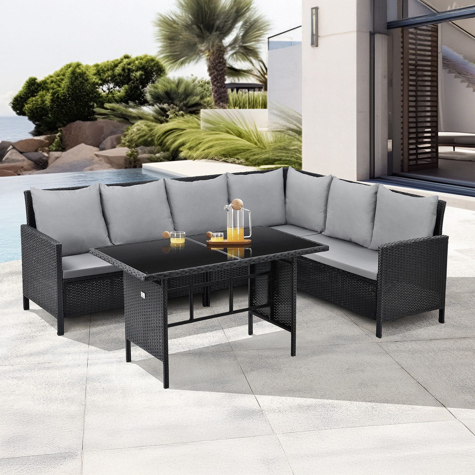 Svita Madison Rattan-Lounge Ecksofa Rattan-Lounge Gartenmöbel-Set Schwarz günstig online kaufen