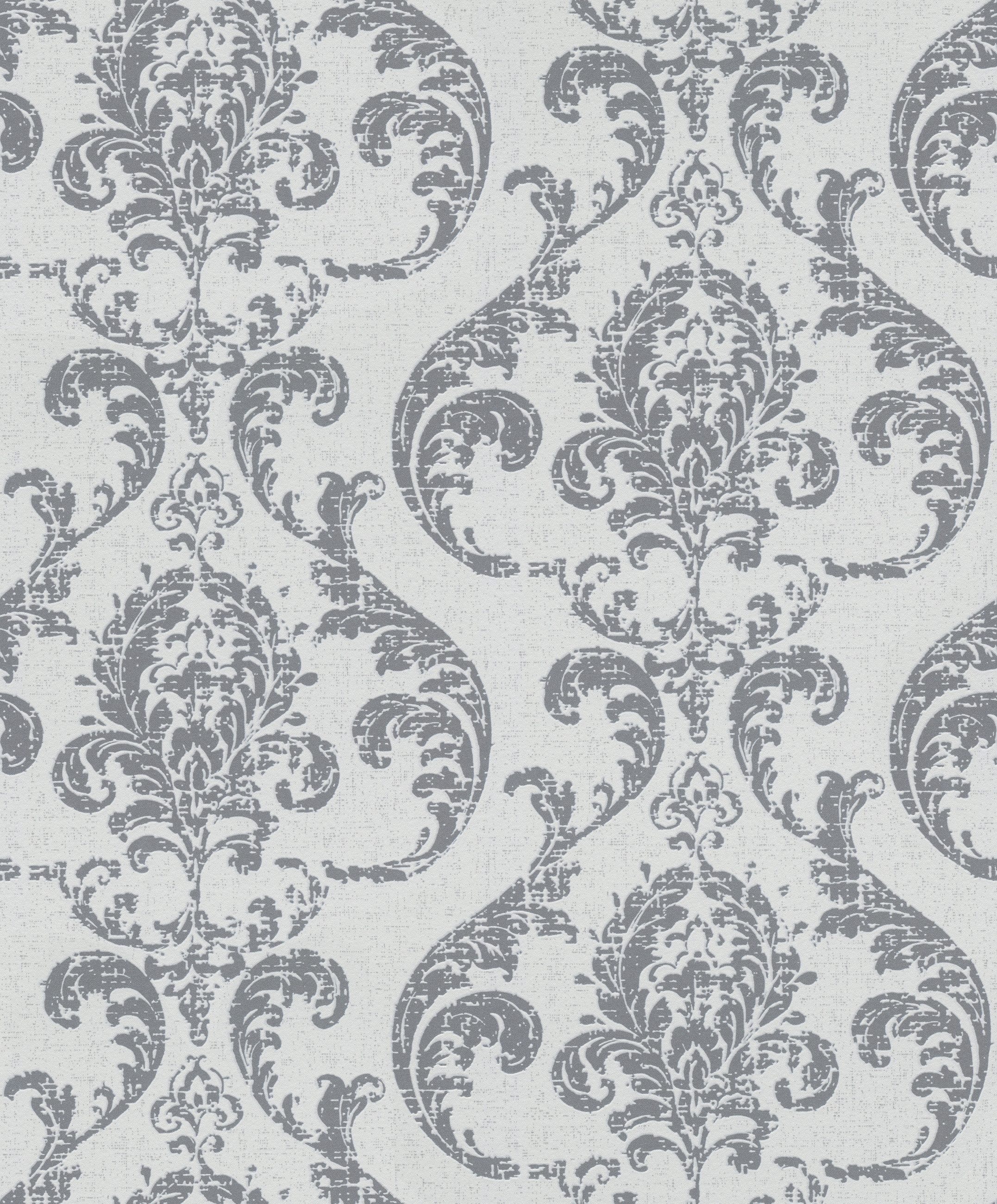 Rasch Vliestapete Barock-Ornamente - Vliestapete Grau, glänzend, Vintage-Optik, (1 Rolle, 1 St., 10,05 m x 0,53 m), Lichtbeständige Farben - Feucht abwischbar - Restlost abziehbar