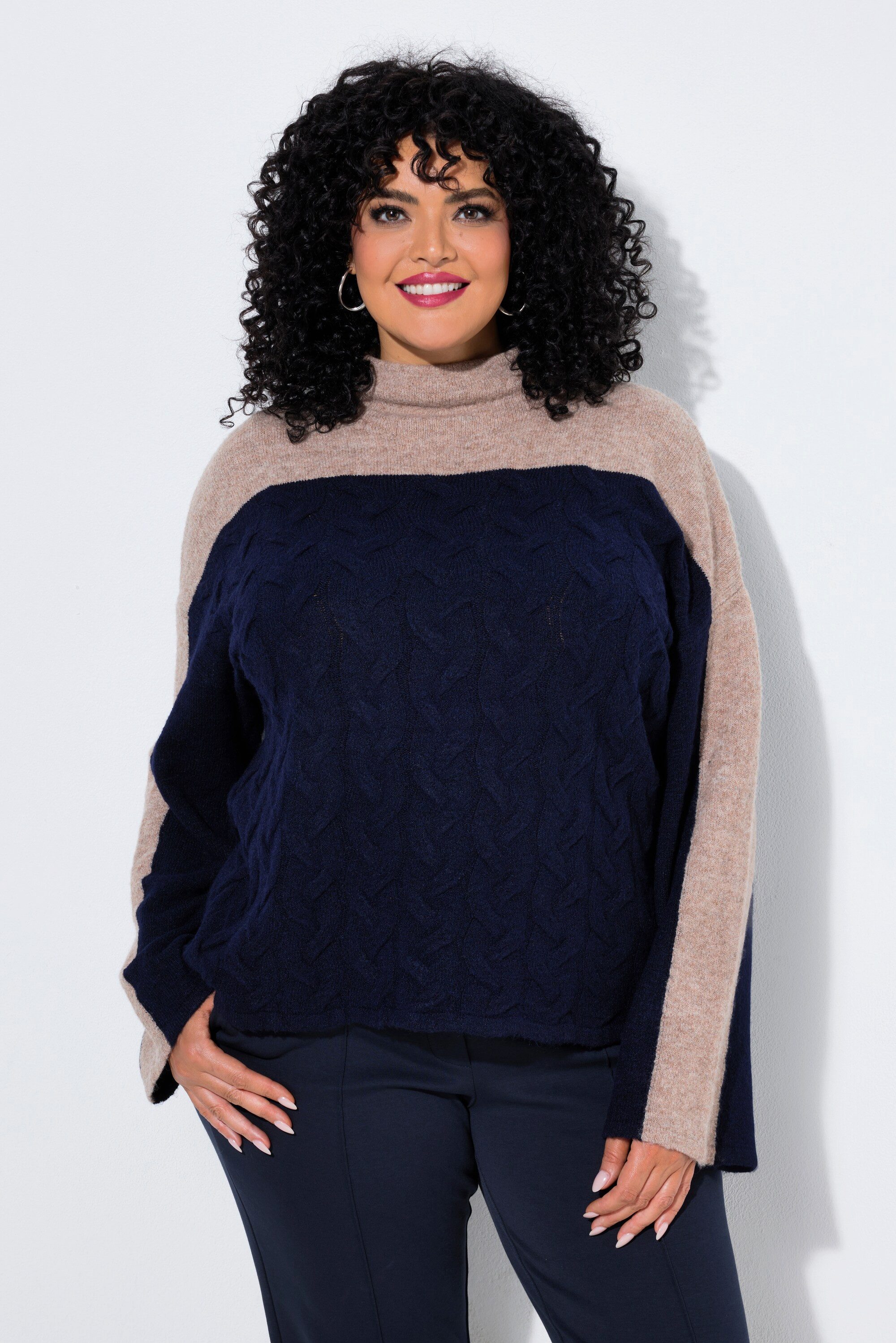 Ulla Popken Fleecepullover Pullover Zopfmuster Oversized Stehkragen Langarm