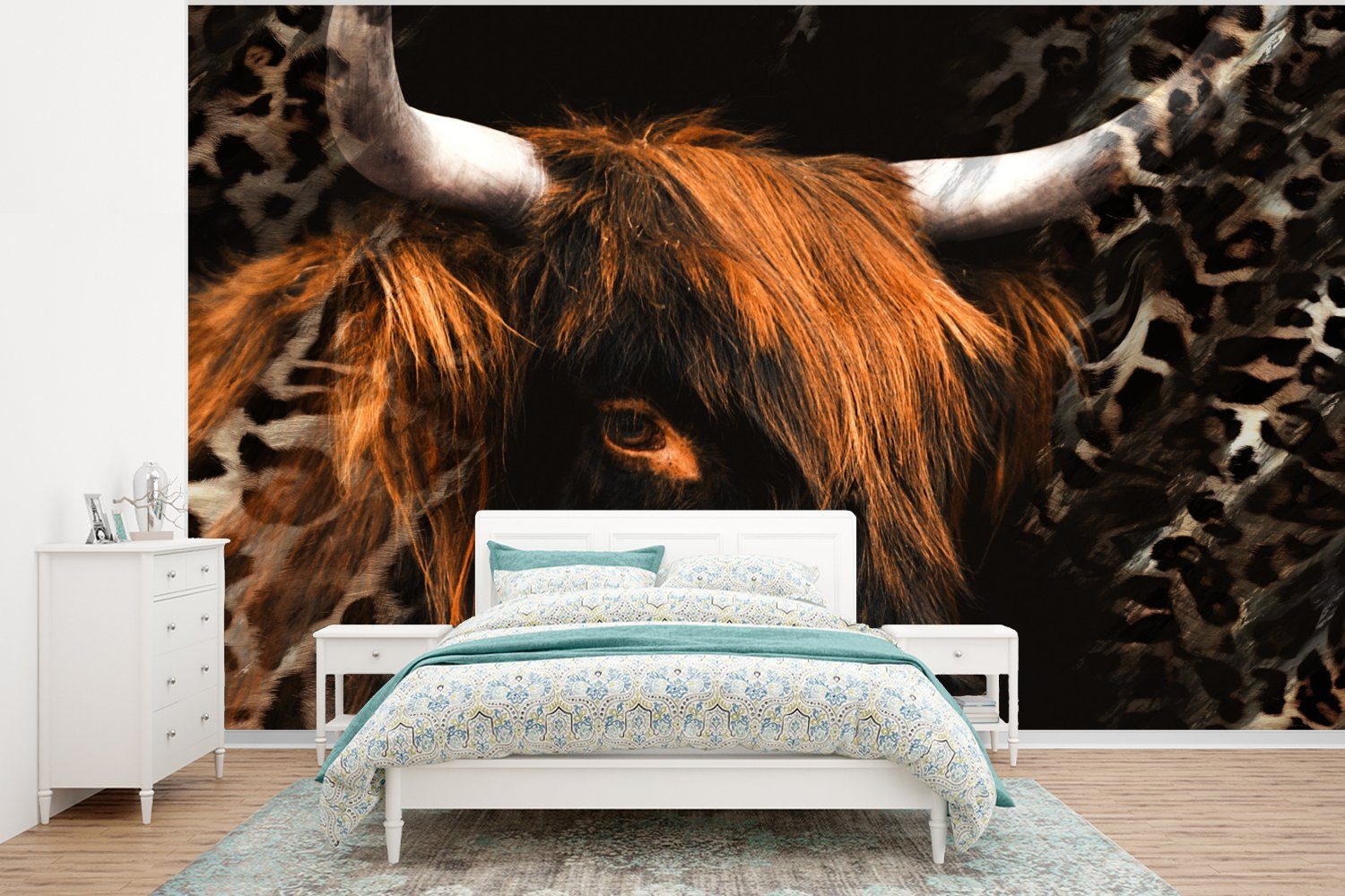 MuchoWow Fototapete Schottischer Highlander - Pelz - Pantherdruck, Matt, bedruckt, (6 St), Wallpaper für Wohnzimmer, Schlafzimmer, Kinderzimmer, Vinyl Tapete