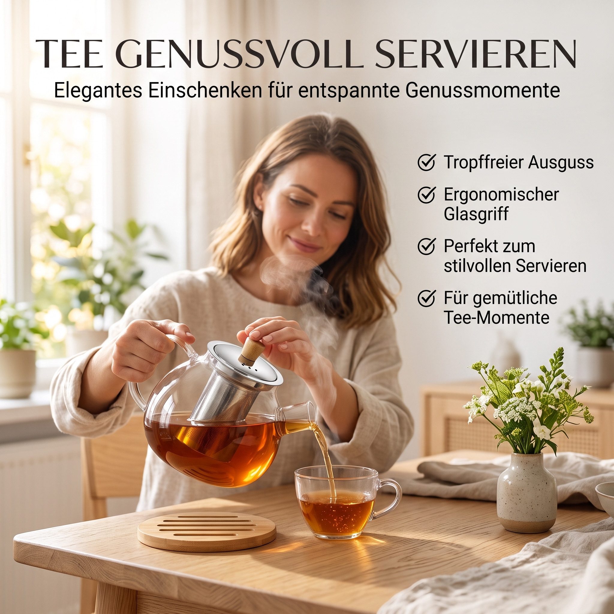 hausleben Teekanne Teekanne aus Glas mit Edelstahl-Sieb Unterteller Dobin – 1,5 Liter, (Set, 1-St., 1 Edelstahlsieb, 1 Teekanne, 1 Bambus-Untersetzer), Bambus U – Bild 5 von 5
