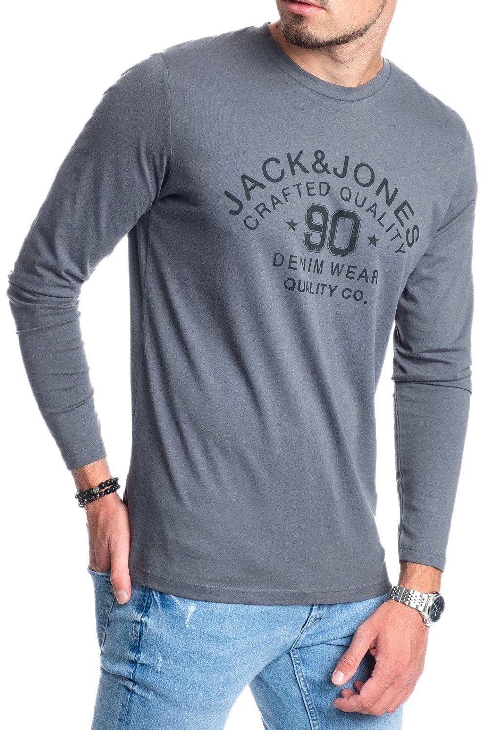 Jack & Jones Langarmshirt aus Print mit vorne Baumwolle, Darkslate-Black
