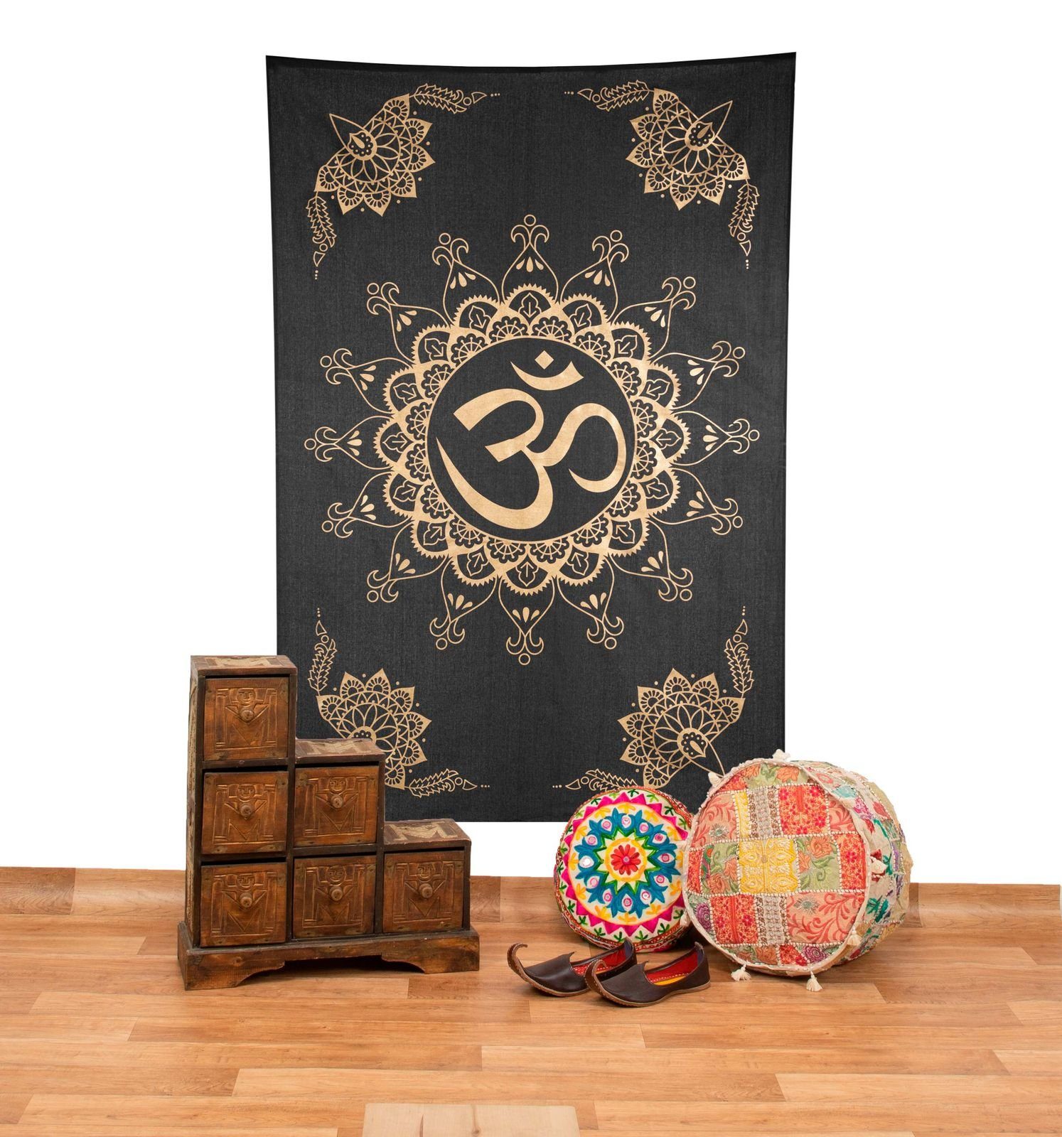 KUNST UND MAGIE Wandteppich Tagesdecke Wandbehang Wand Deko Tuch Teppich Indien 200 x135 OM