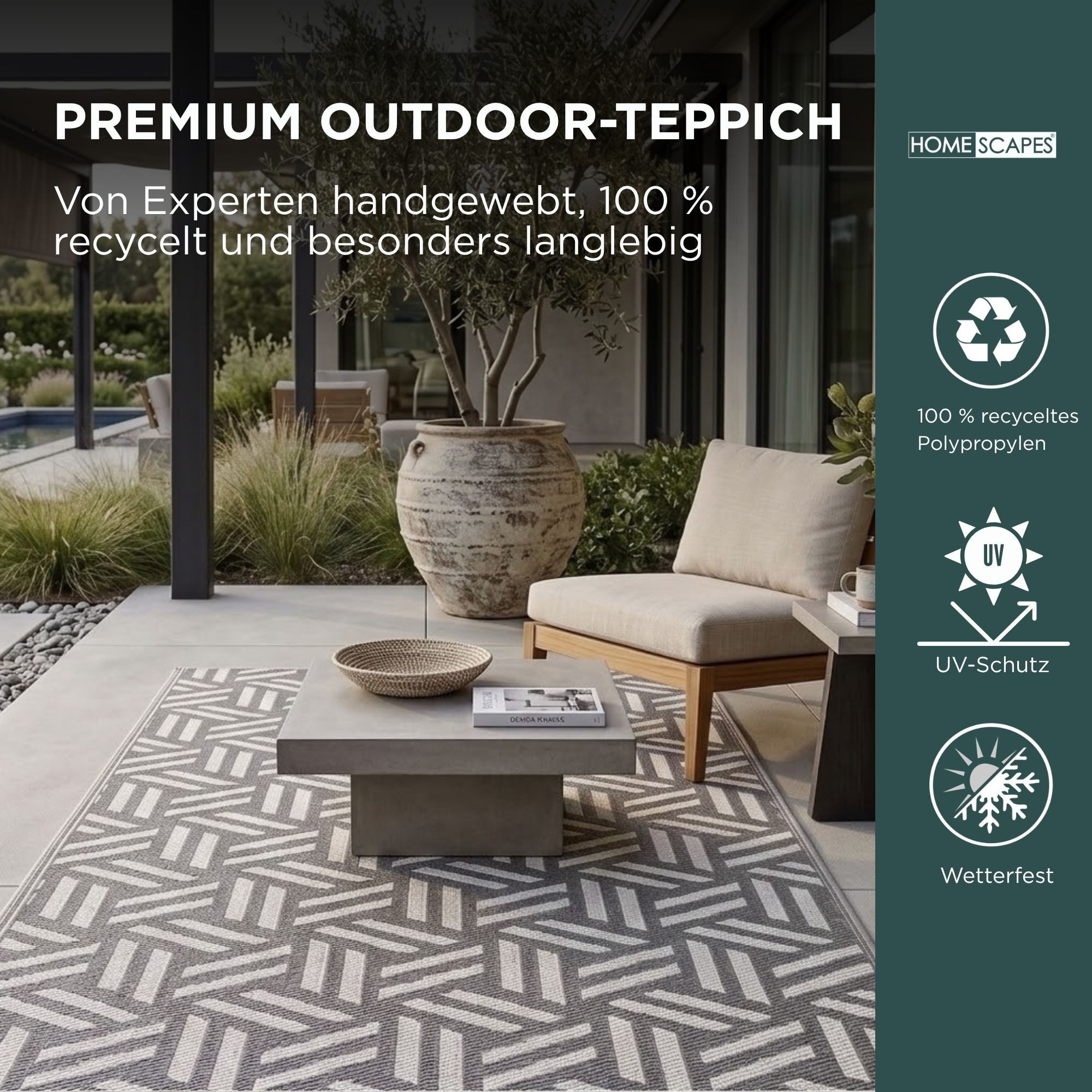 Homescapes Outdoorteppich Outdoor-Teppich Luna aus Polypropylen mit grauem Muster, 120 x 180 cm, rechteckig, Höhe: 20 mm – Bild 2 von 5