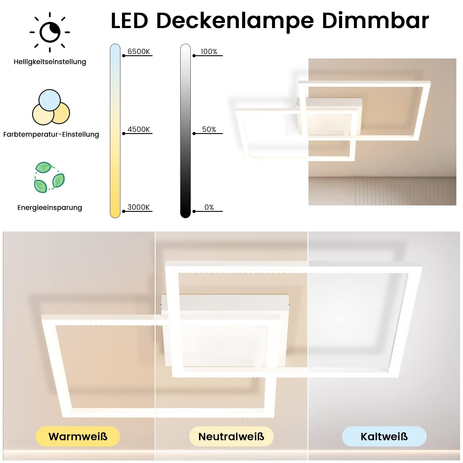 ZMH Quadratisch 52W, LED Design mit Dimmbar fest integriert, Weiß 2 Modern Kristall warmweiß-kaltweiß, Deckenleuchte LED Fernbedienung