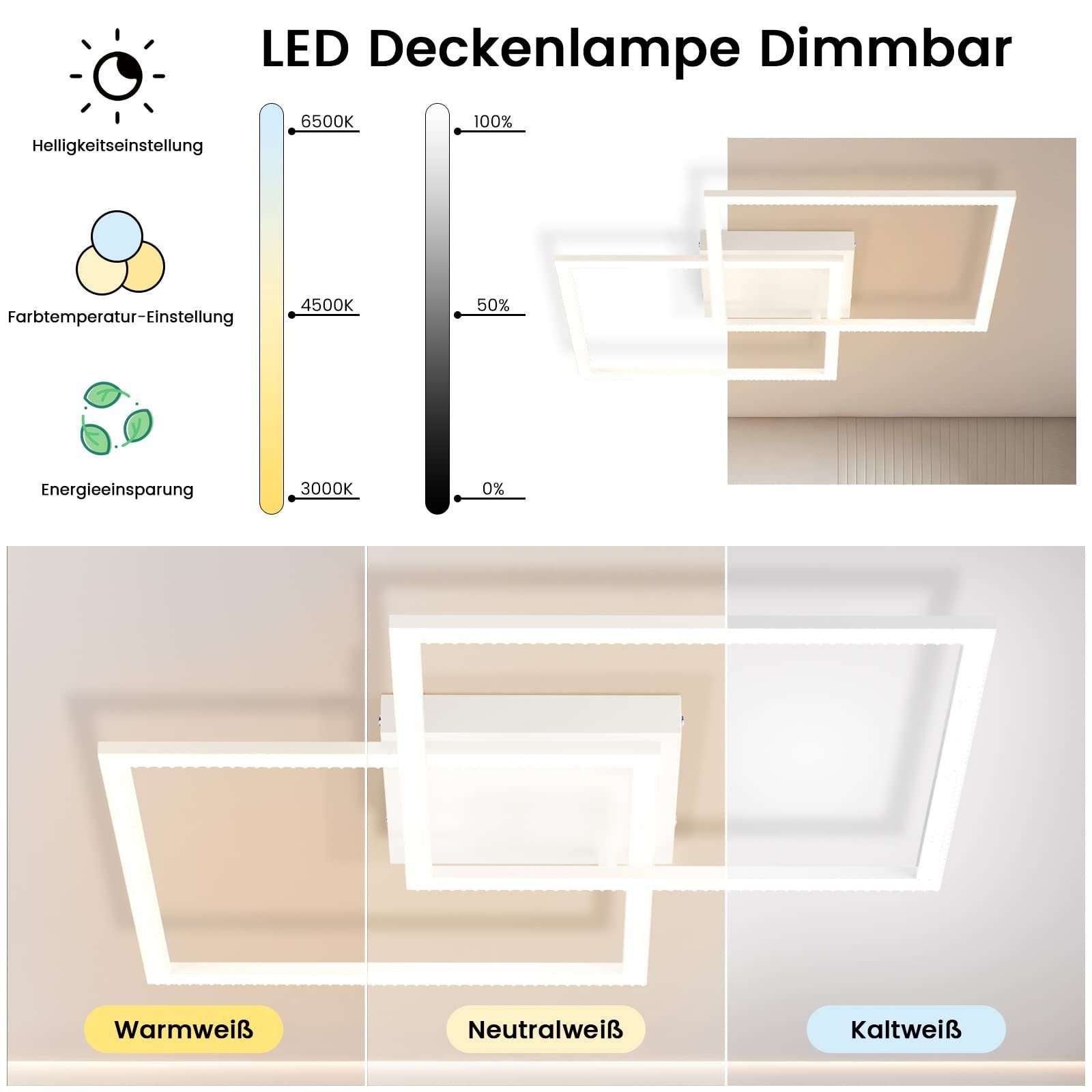 Fernbedienung Kristall LED 2 Modern 52W, mit Weiß LED Deckenleuchte Dimmbar Quadratisch warmweiß-kaltweiß, Design ZMH integriert, fest