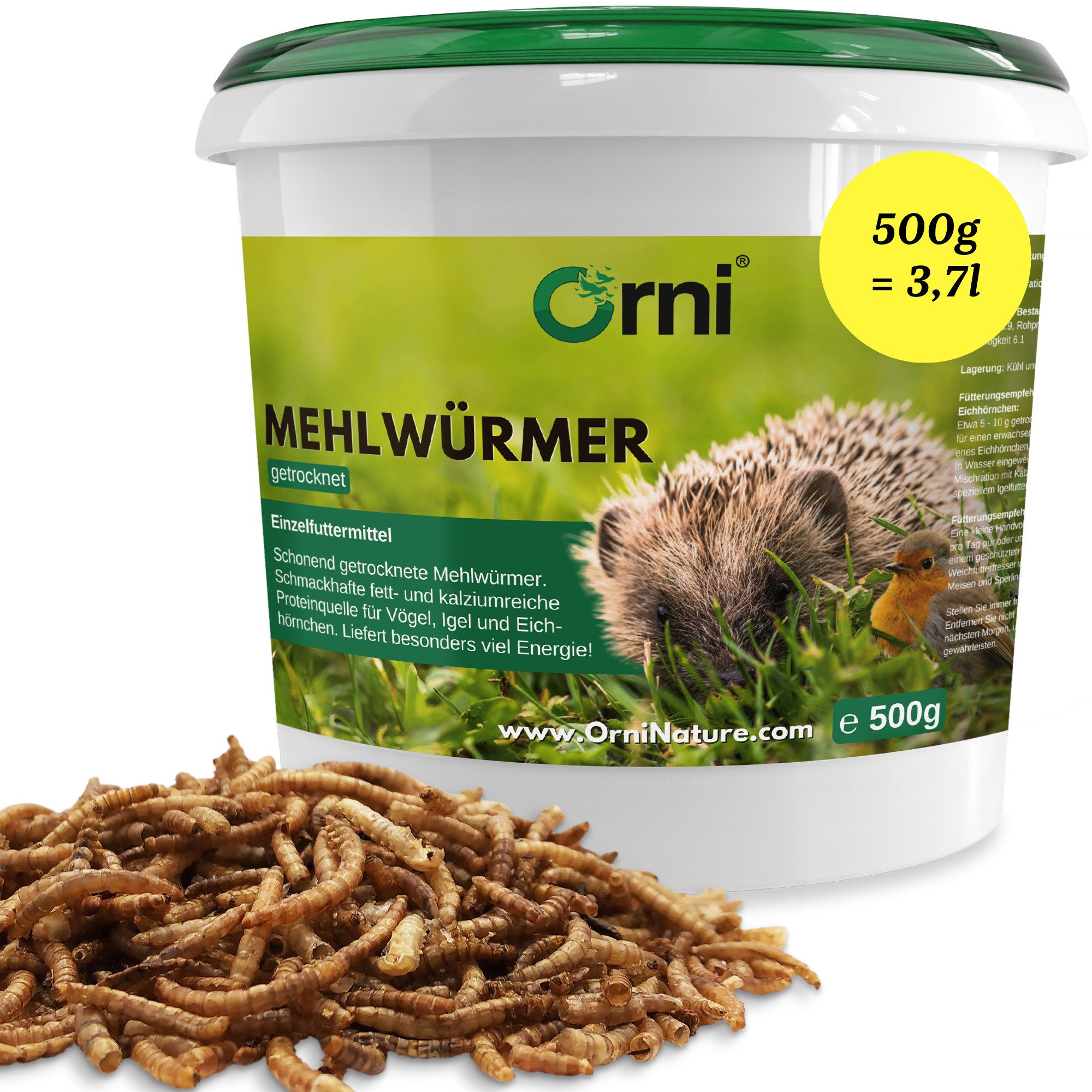 Orni Mehlwürmer getrocknet - Insektenfutter ohne künstliche Zusatzstoffe, Ergänzungsfutter für: Nutz-/ Wildtier