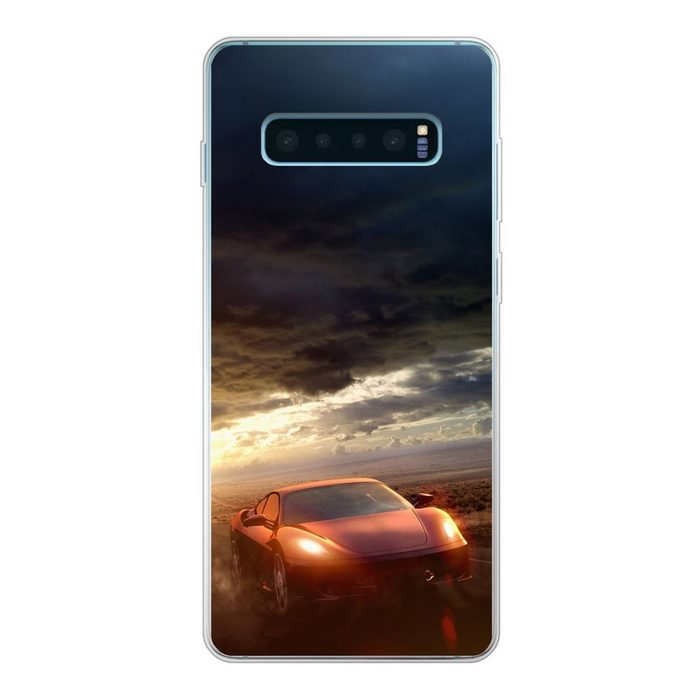 MuchoWow Handyhülle Luxussportwagen fährt unter dunklen Wolken Phone Case Handyhülle Samsung Galaxy S10+ Silikon Schutzhülle