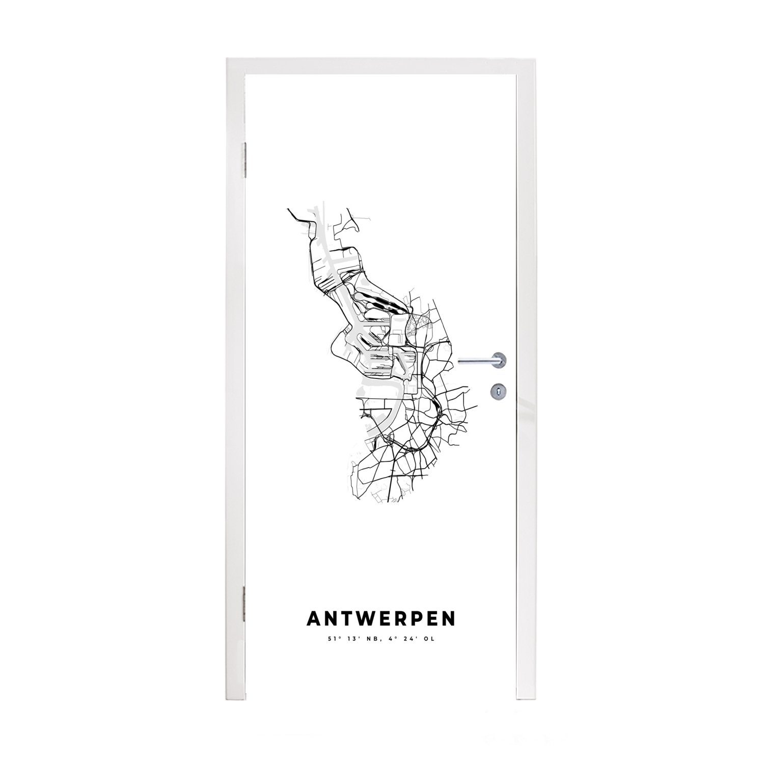 MuchoWow Türtapete Stadtplan - Schwarz und weiß - Karte - Antwerpen - Belgien, Matt, bedruckt, (1 St), Fototapete für Tür, Türaufkleber, 75x205 cm