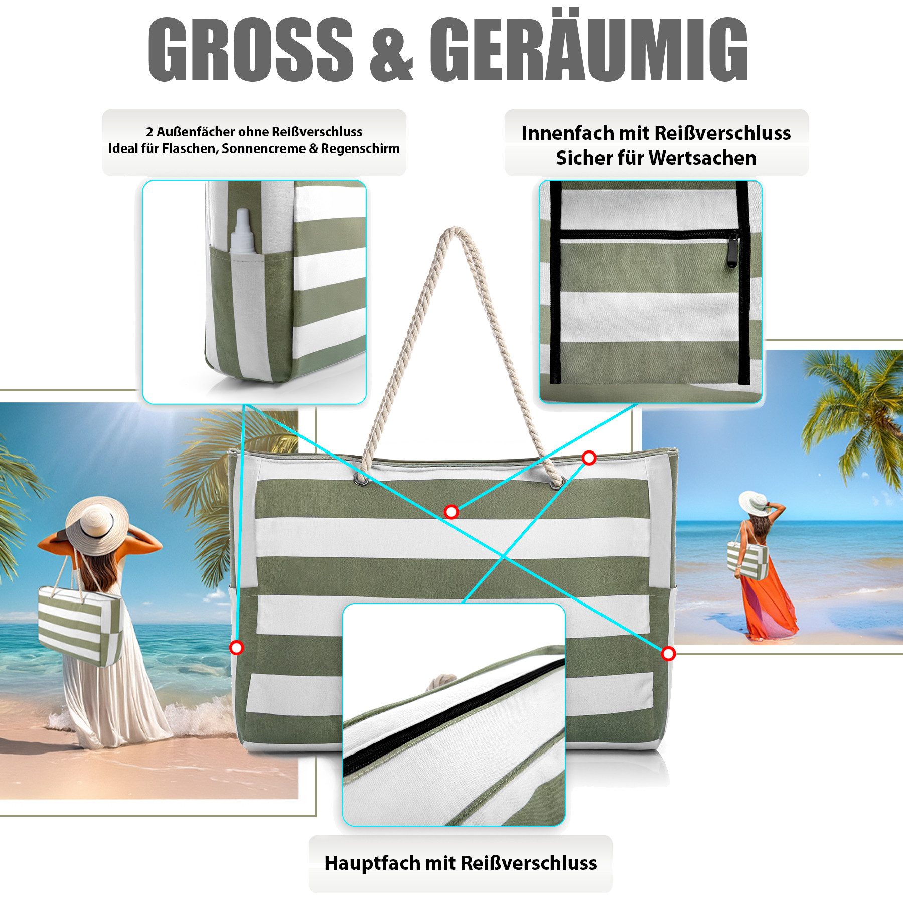 BigDean Strandtasche Badetasche XXL 2 Stück große mit Reißverschluss Schwimmbad Tasche (Set, 2-tlg., Badetaschen), Waschbar, 30°c