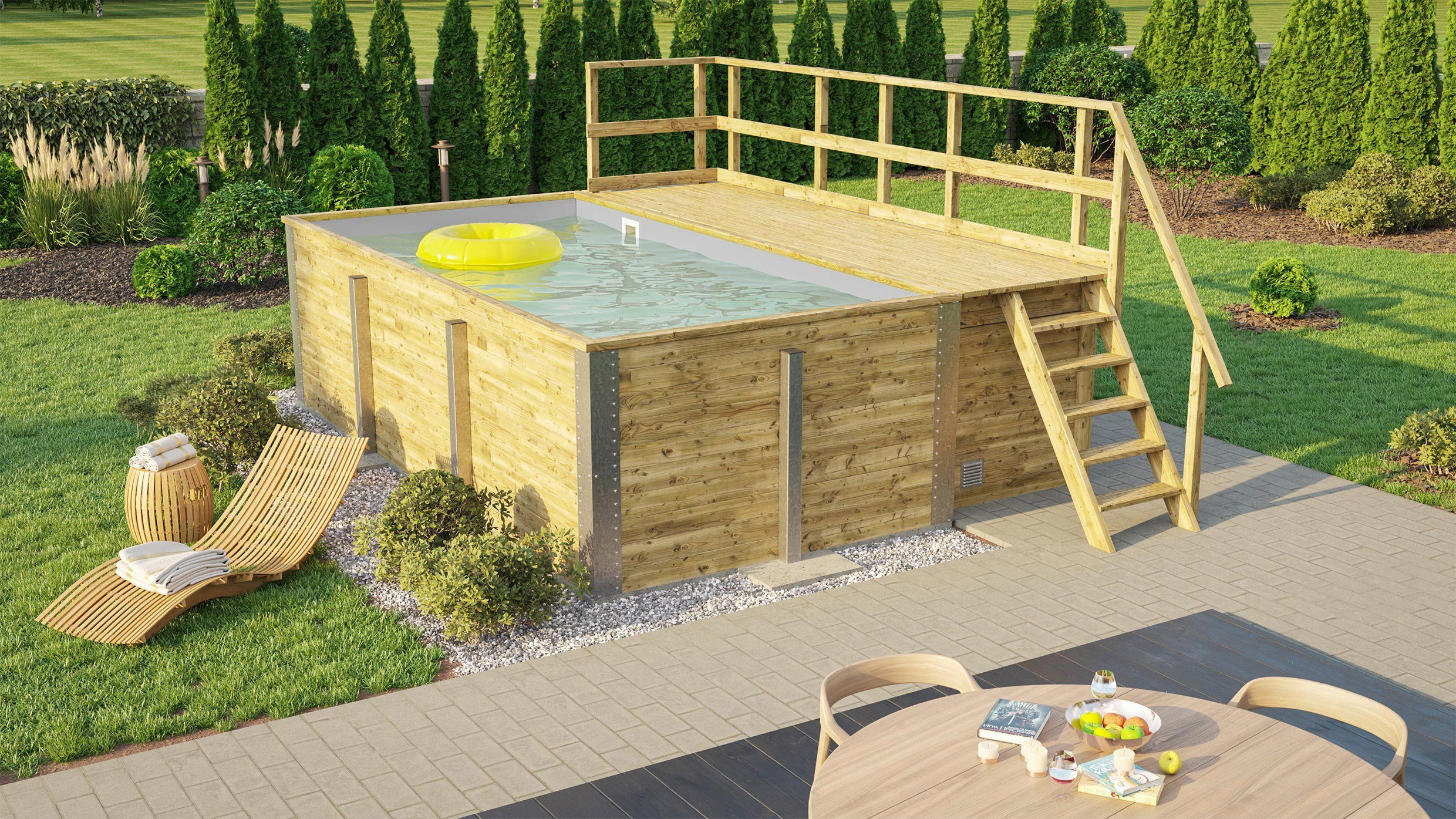 weka Rechteckpool 595 Gr.1 mit Sonnendeck und Technikraum (Set, 10-tlg), BxLxH: 309x416x116 cm. verschiedene Folienfarben