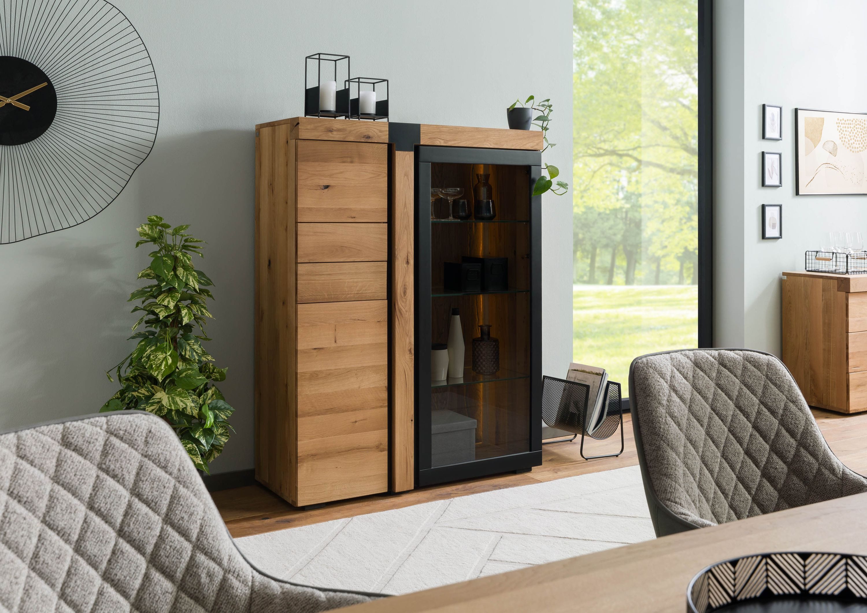 Massivmoebel24 Highboard ROTTERDAM (Massivholz), Eiche 110x45x144 natur geölt ROTTERDAM #100