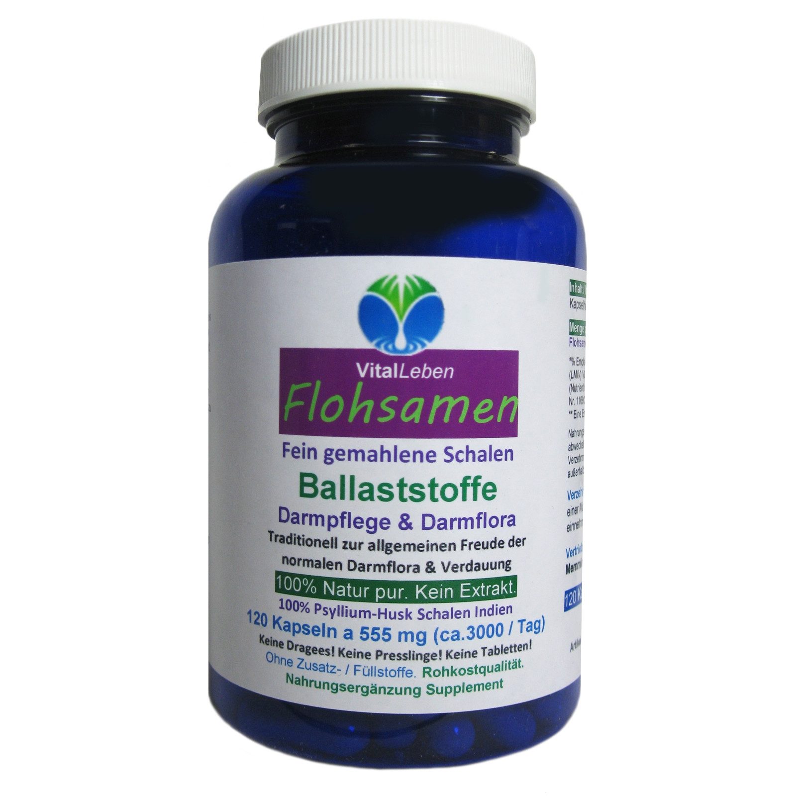 VitalLeben Flohsamenschalen Psyllium Indien Ballasstoffe - Ohne Zusatzstoffe - Kapseln, 1 er Dose à 120 St., 66,6 g, Art. 26610-1