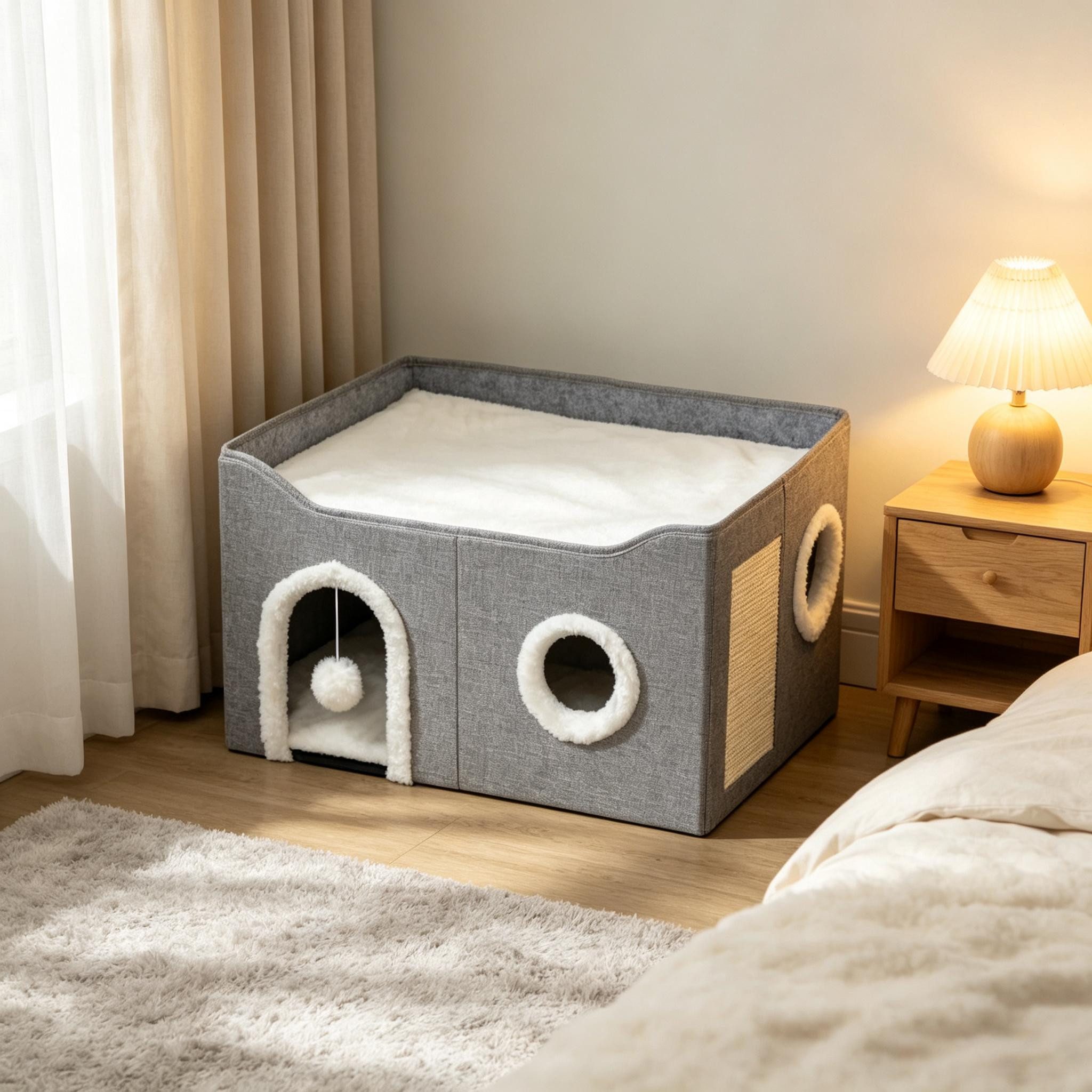 MIBODE Katzenhaus Faltbare Katzenhöhle mit Kratzbrett, Katzenbett, Spielzeug & Kissen