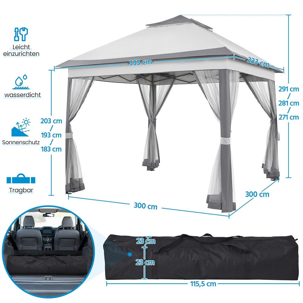 Yaheetech Faltpavillon Höhenverstellbarer Gartenpavillon mit Dach 3,3x3,3 m/ 4x4m, mit 4 Seitenteilen, Zelt mit Moskitonetz & Doppeldach & Tragetasche