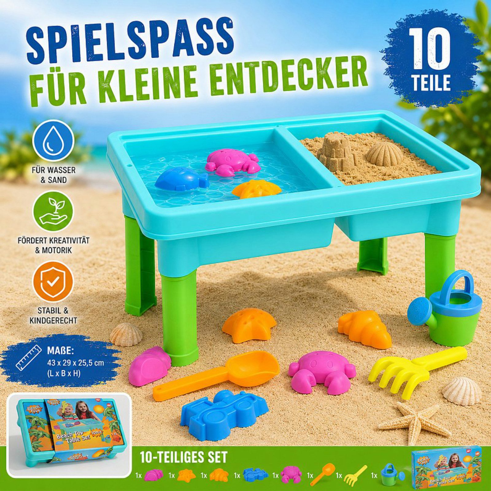 Koopman Wasserspieltisch Sandtisch 43x29x25cm 10 Tlg. Bunt, (Set, 10-tlg., Packung), 43x29x25cm, Inkl. Sandformen, 10tlg, 2 Spielwannen, Leichtgewichtig