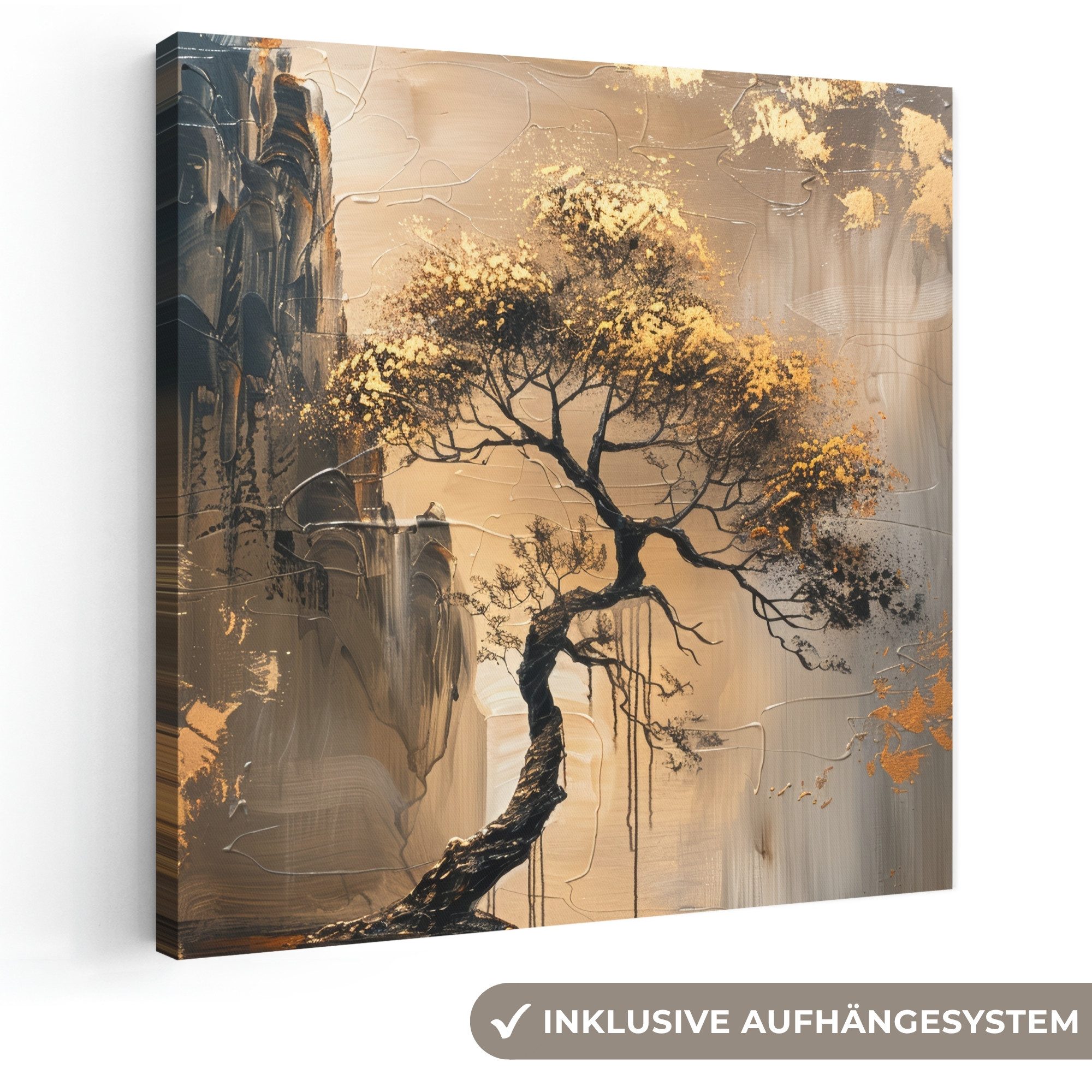 OneMillionCanvasses® Leinwandbild Baum - Gold - Landschaft - Farbe, Fotodruck (1 St), Wandbild, Deko Schlafzimmer Wohnzimmer Flur 20x20 cm
