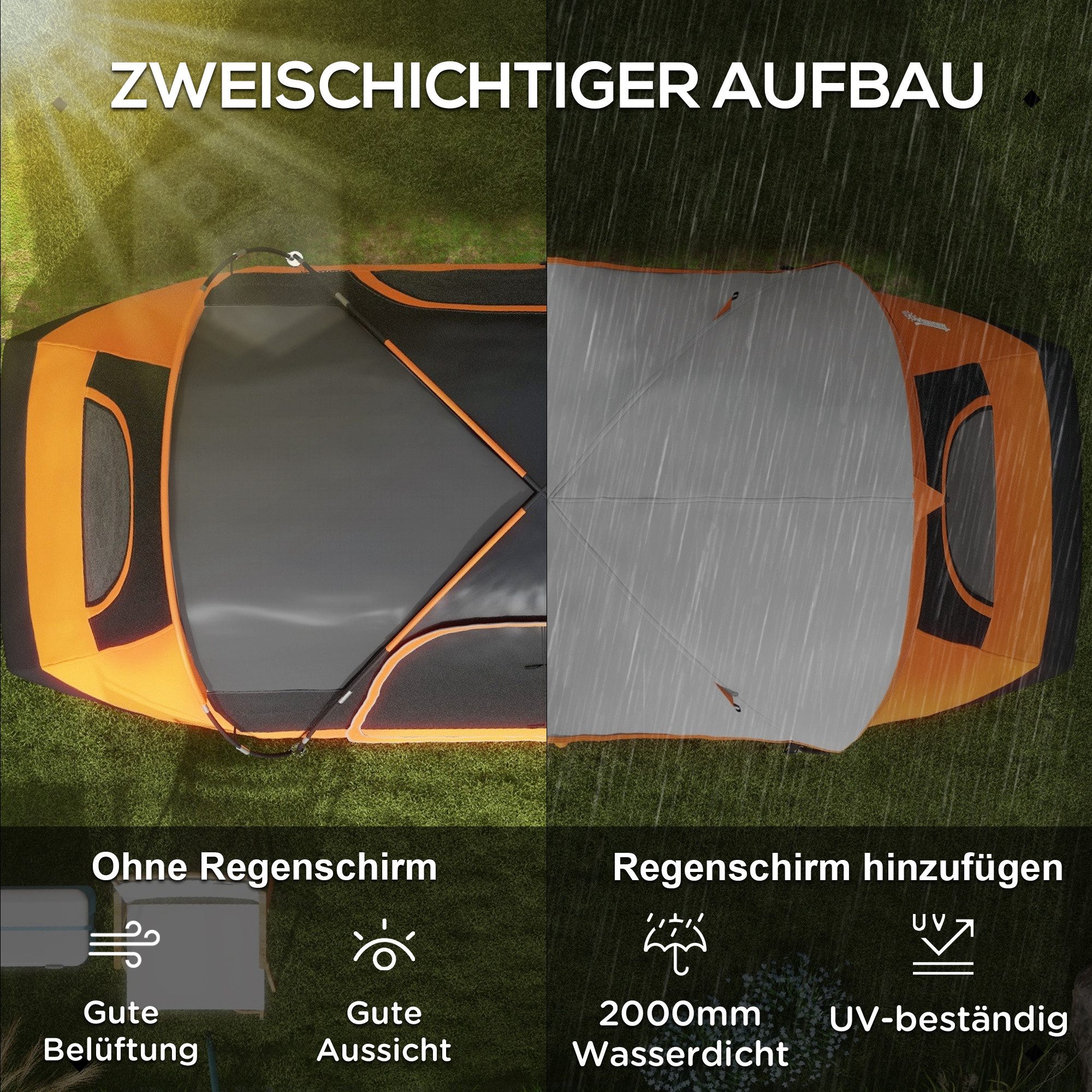 Outsunny Tunnelzelt Campingzelt mit Lichthaken, Meshfenster, 2 Räumen, Personen: 6 (Familienzelt mit Tragetasche, Wasserabweisend, 1 tlg., Gruppenzelt für Camping, Garten), Orange