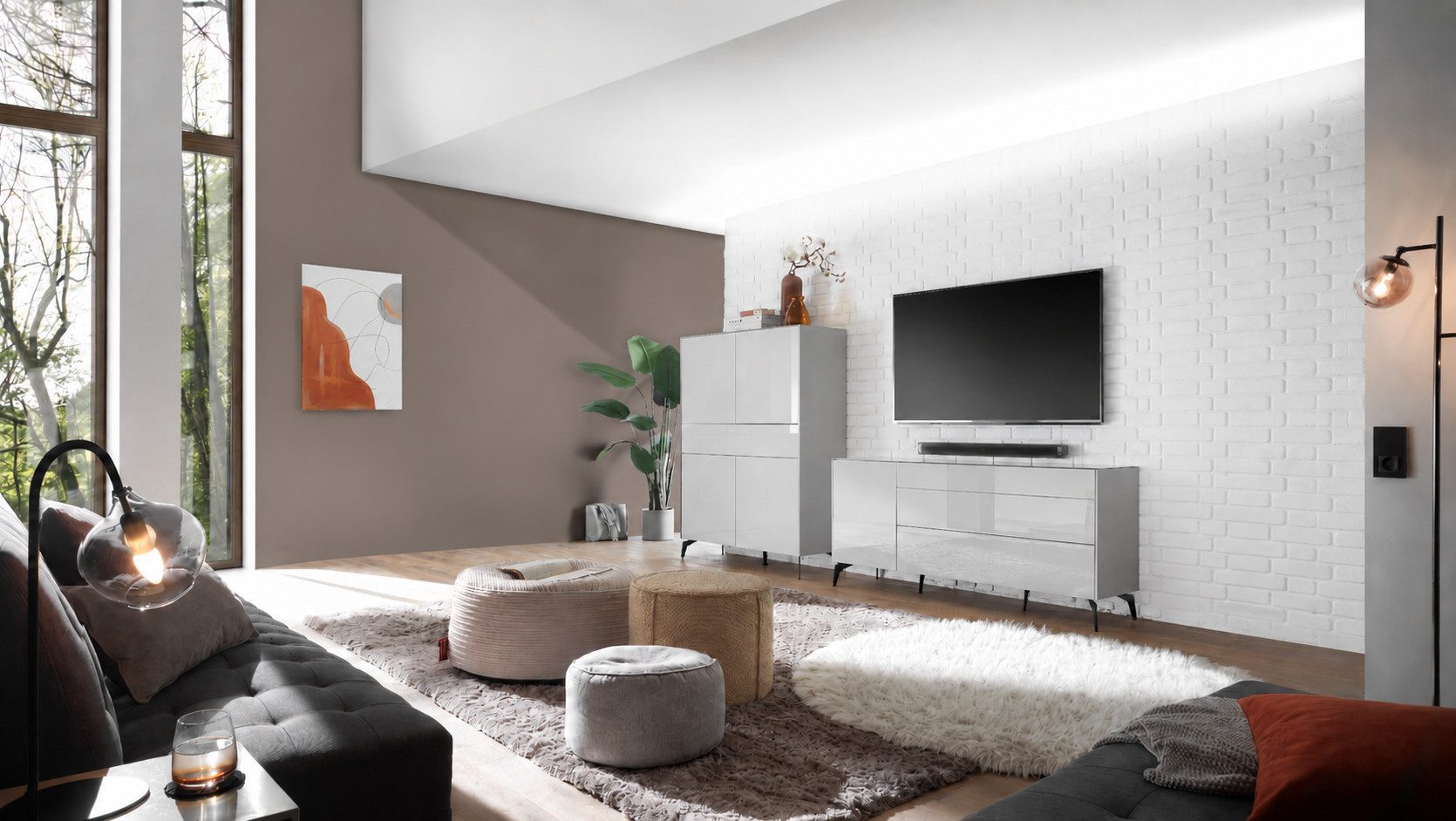 möbel-direkt.de Wohnzimmer-Set Wohnwand Imola Kreidegrau matt lack und Glas 2 teilig