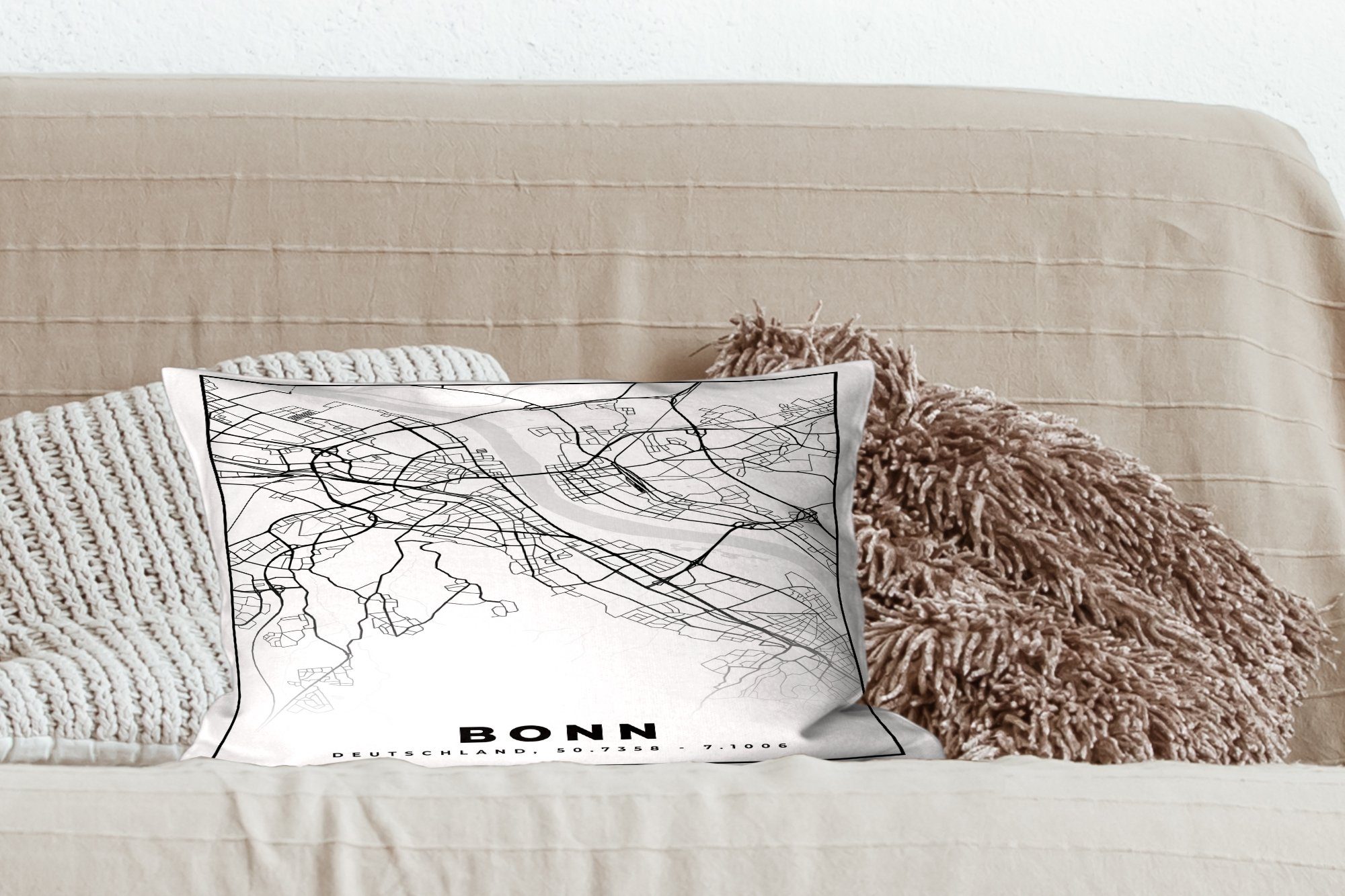 Karte Schlafzimmer Bonn - mit Dekokissen Stadtplan, MuchoWow Füllung, Wohzimmer Dekoration, Dekokissen Zierkissen, -