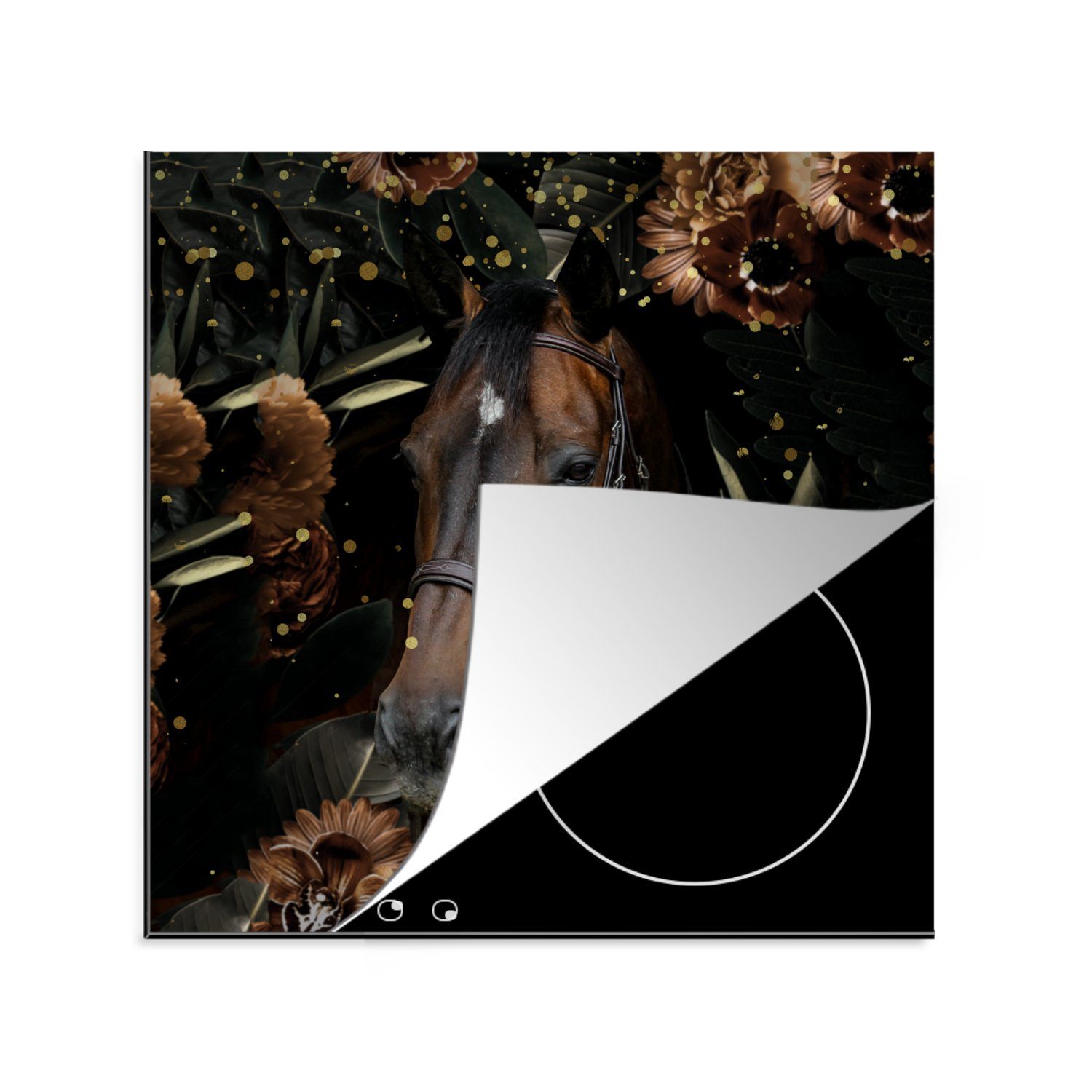 MuchoWow Herdblende-/Abdeckplatte Pferd - Blumen - Halfter, Vinyl, (1 tlg), 78x78 cm, Ceranfeldabdeckung, Arbeitsplatte für küche