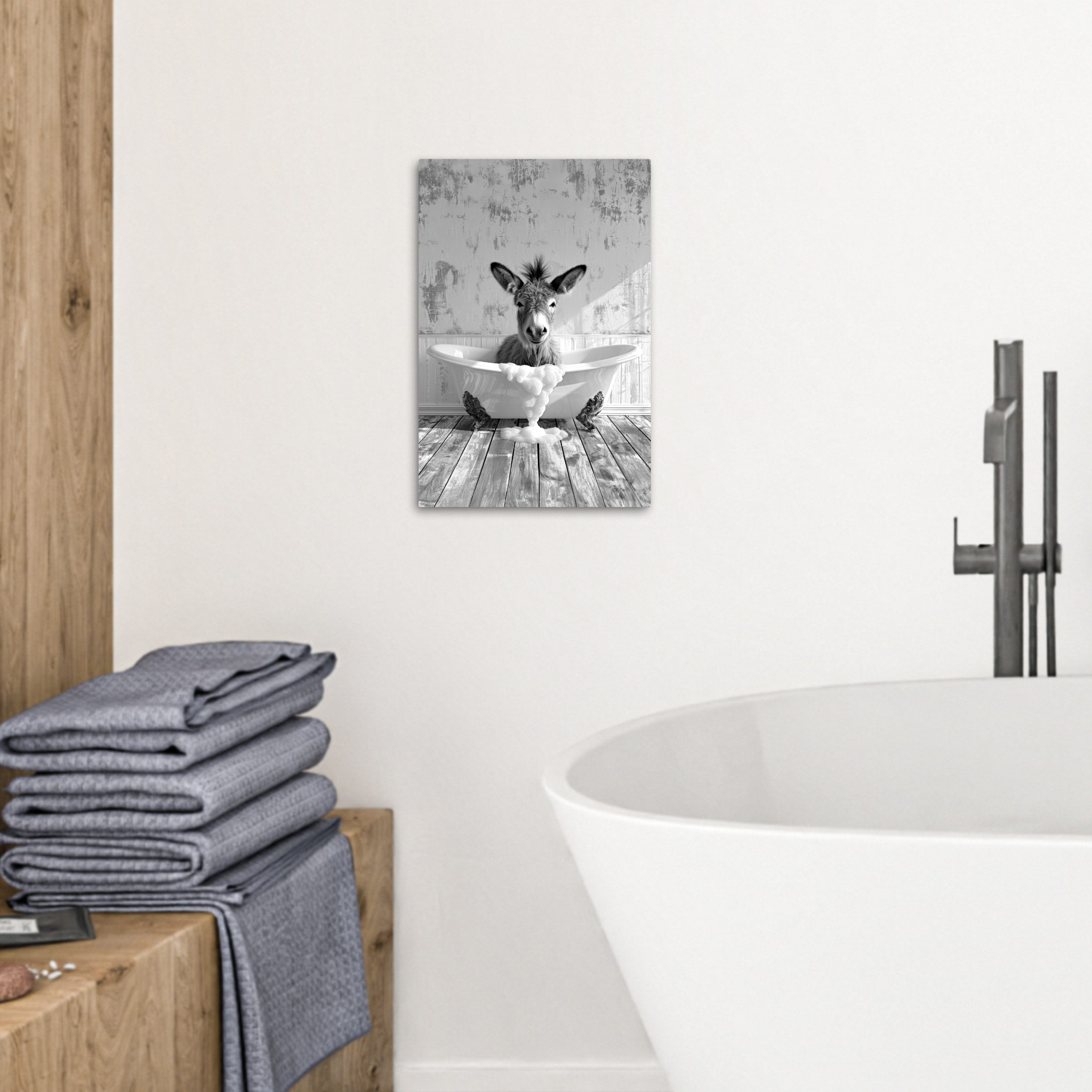 OneMillionCanvasses® Leinwandbild Esel - Tier - Vintage - Badewanne - Schwarz - Weiß, Fotodruck (1 St), Badezimmer Deko, Bilder WC, Toilette Wanddeko 20x30 cm